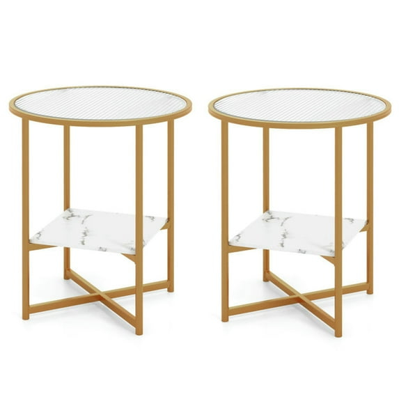 Kepooman End Tables,Side End Table,Nightstand,2-Tier Glass End Table Set of 2 with Faux Marble Storage Shelf-White