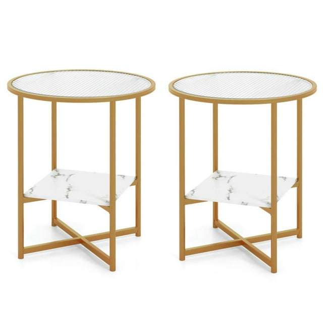 Kepooman End Tables,Side End Table,Nightstand,2-Tier Glass End Table Set of 2 with Faux Marble Storage Shelf-White