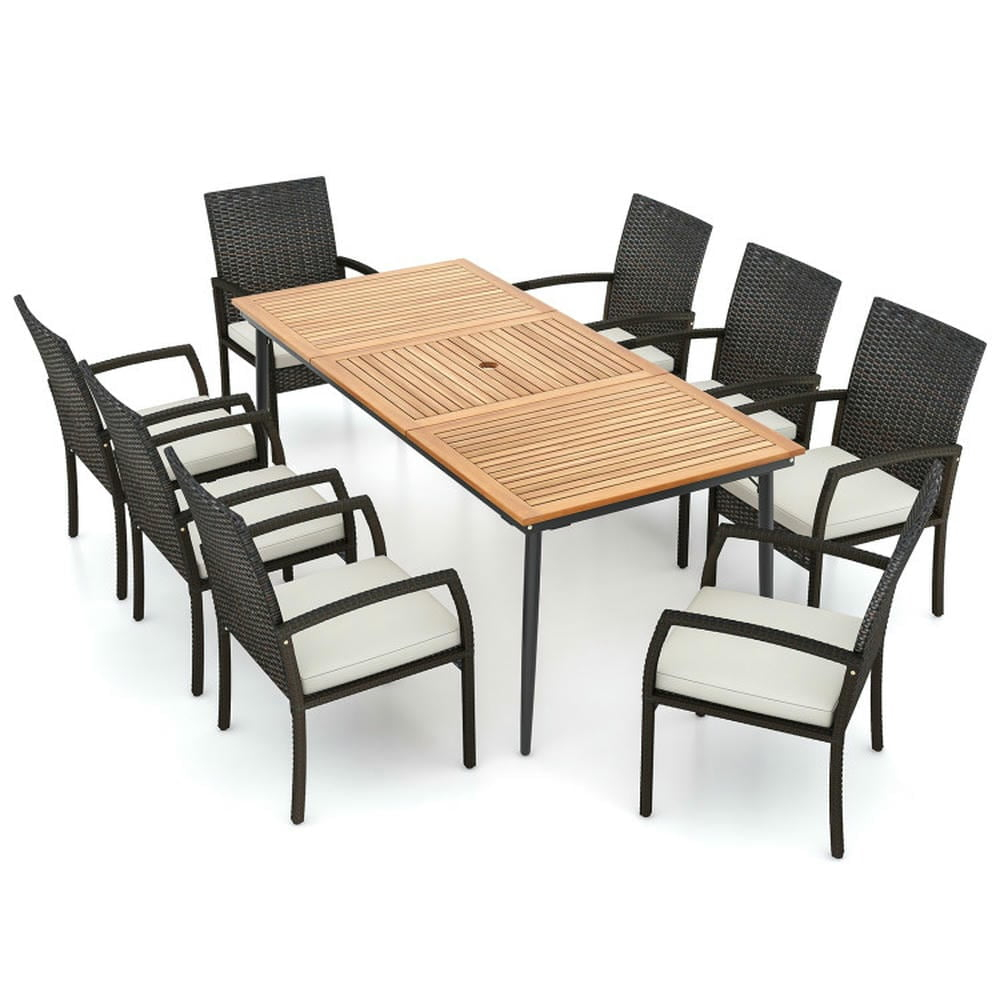 Kadyn Patio Dining Set, Patio Furniture Set,9-Piece Patio Dining Set with Umbrella Hole and 8 Rattan-woven Dining Chairs with Seat Cushions