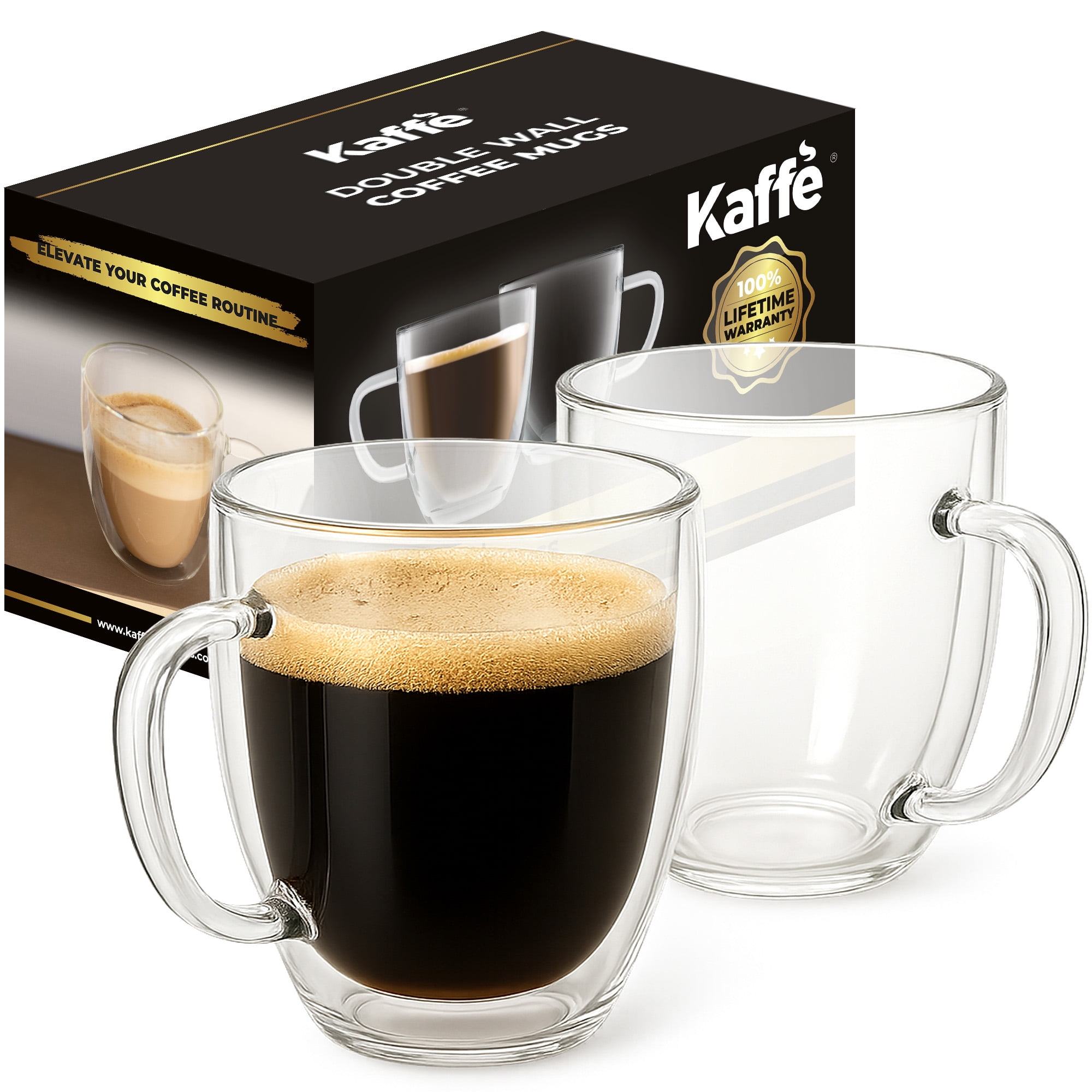Kaffe 16oz Glass Coffee Mugs. Large Double-Wall Borosilicate Glass Coffee Cups. Perfect insulation for Latte, Cappuccino, Tea. Set of 2 (Two)
