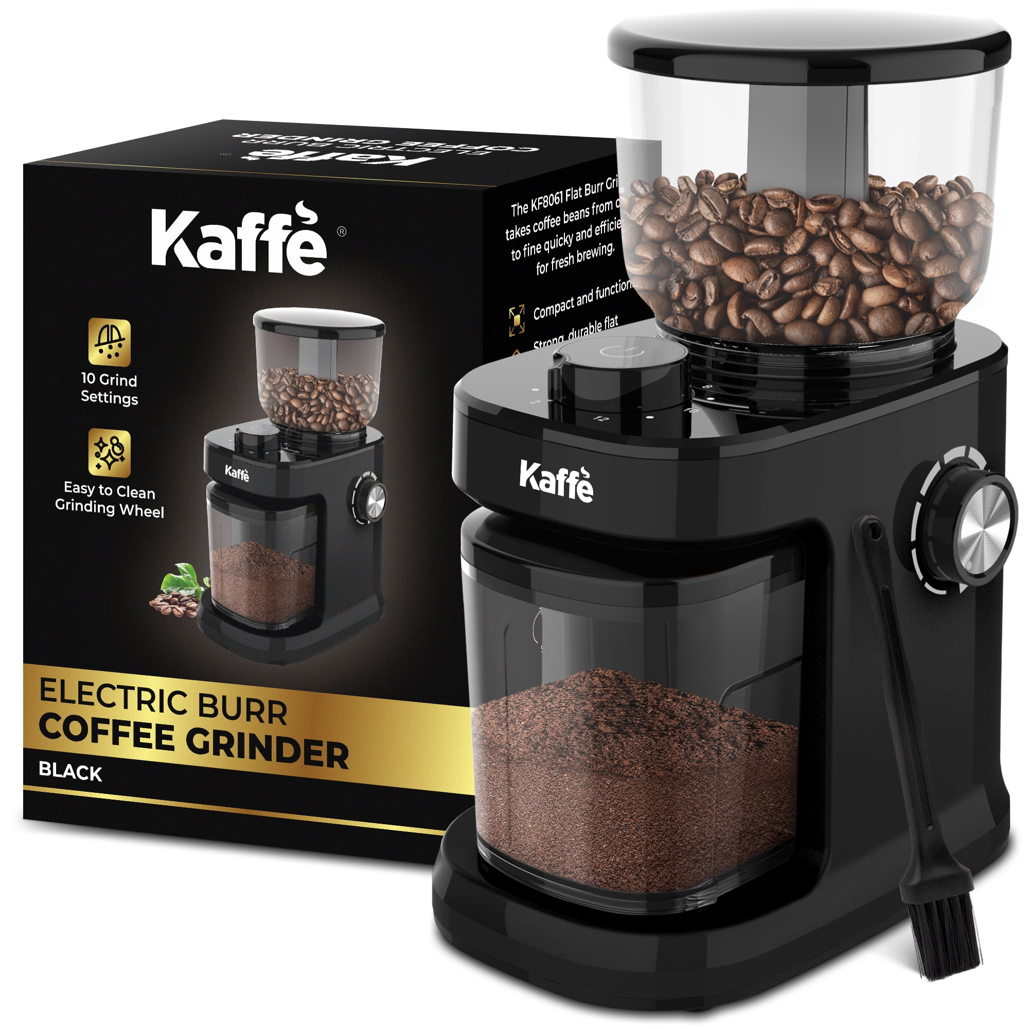 Kaffe Electric Burr Coffee Grinder (8oz) – Adjustable Coarseness & Timer – Flat Burr Grinder for Precision Brewing – Automatic On/Off – Black