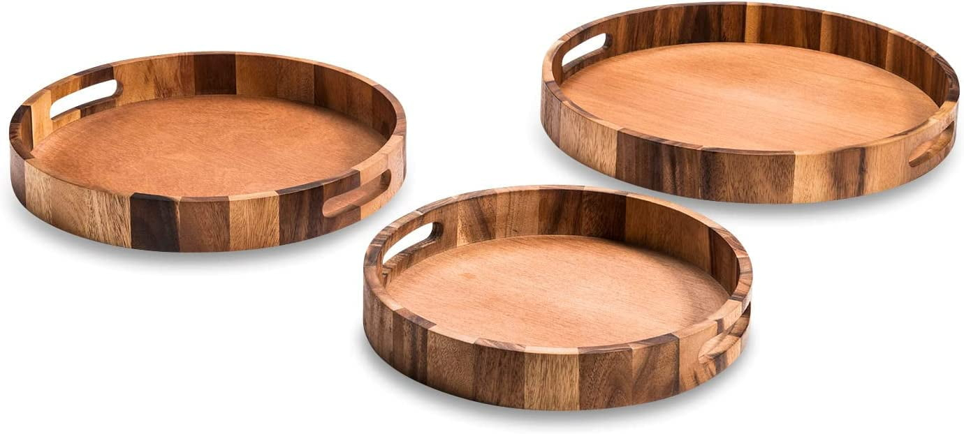 Kalmar Home Solid Acacia Wood Set of 3 Round Serving Trays