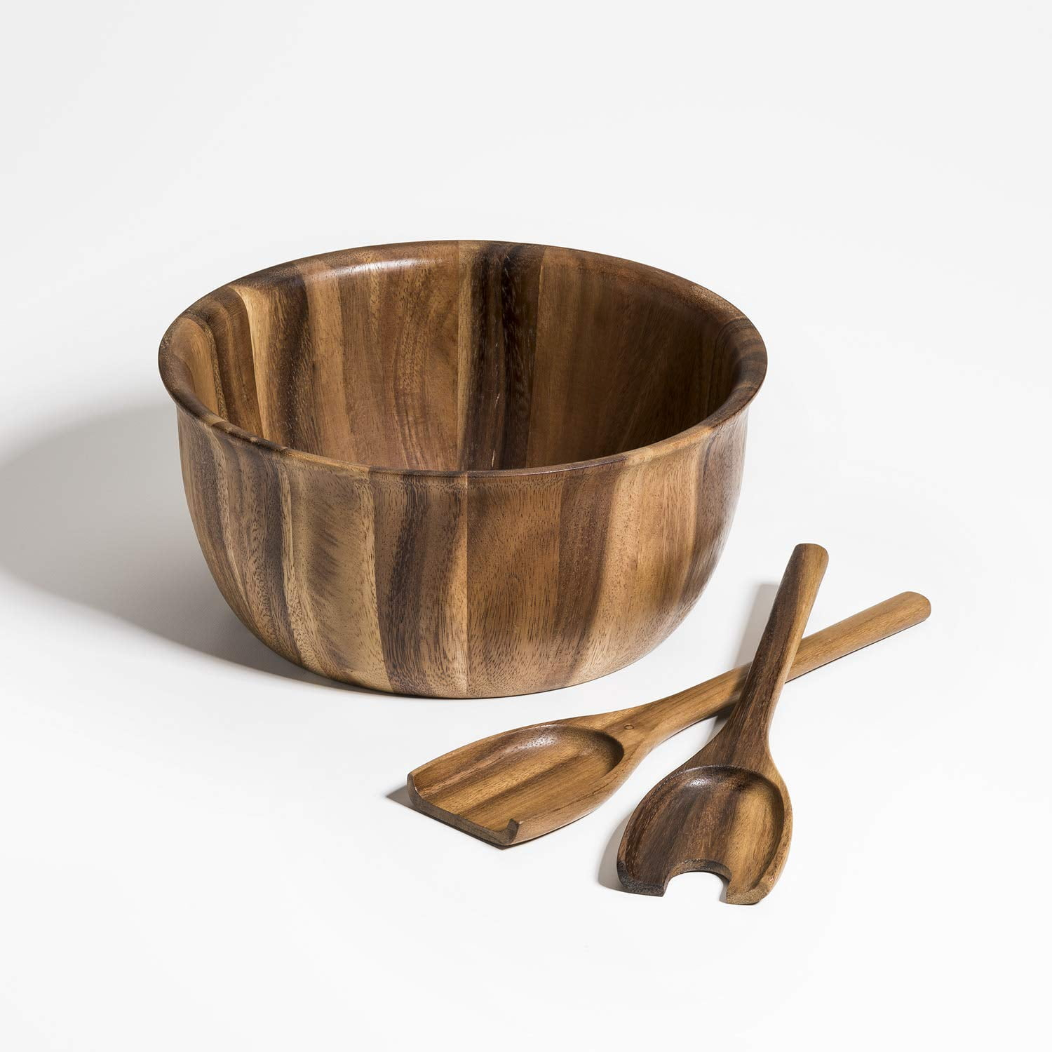 Kalmar Home Solid Acacia Wood Large Salad Bowl with Servers