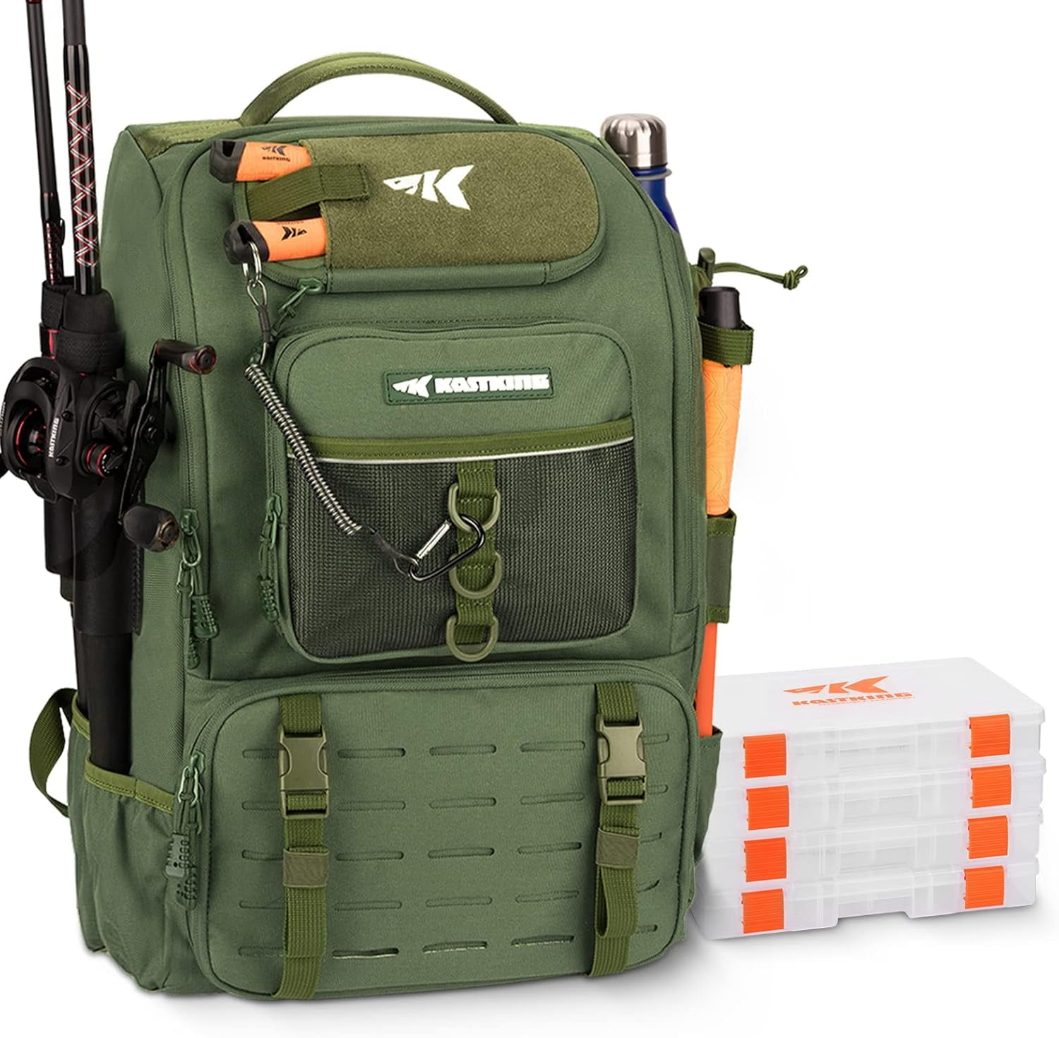 KastKing Fishing Tackle Backpack with Rod Holders 4 Tackle Boxes,Fishing Bag Storage Fishing Gear and Equipment- Green