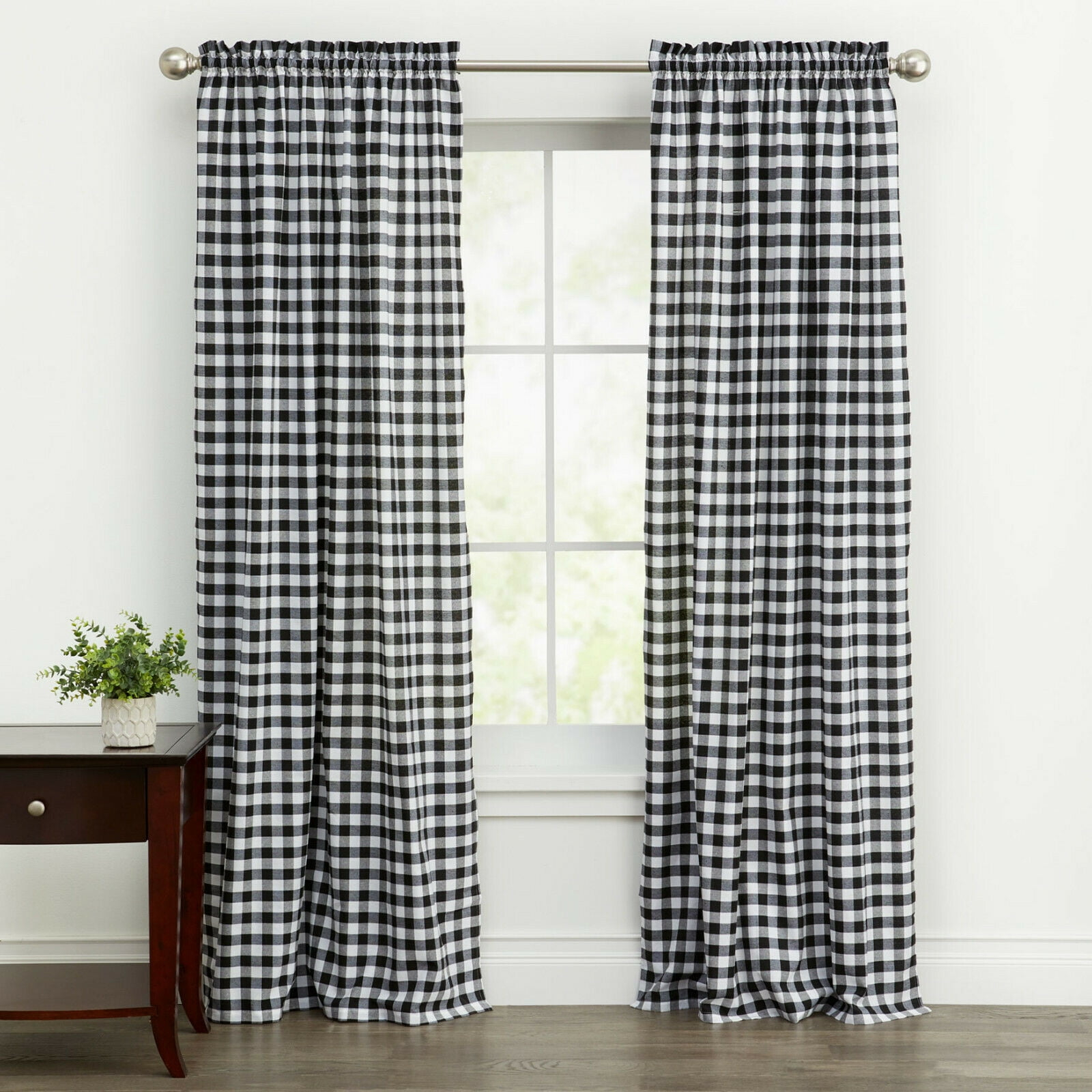 Kate Aurora Country Farmhouse Buffalo Check Plaid Gingham Single Window Curtain - 42 in. W x 63 in. L, Black