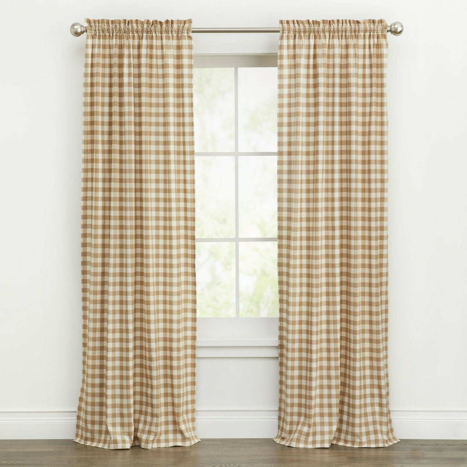 Kate Aurora Country Farmhouse Buffalo Check Plaid Gingham Single Window Curtain - 42 in. W x 63 in. L, Linen