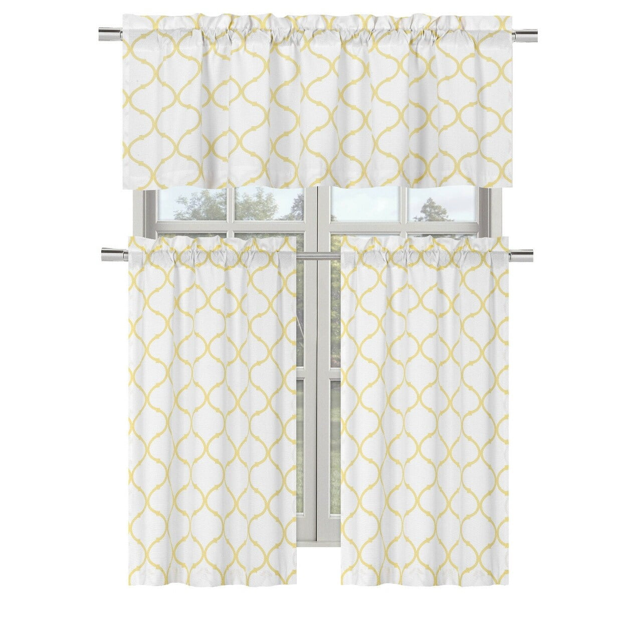 Kate Aurora Living Shabby Trellis 3 Piece Café Kitchen Curtain Tier And Valance Set - 56 in. W x 36 in. L, Yellow
