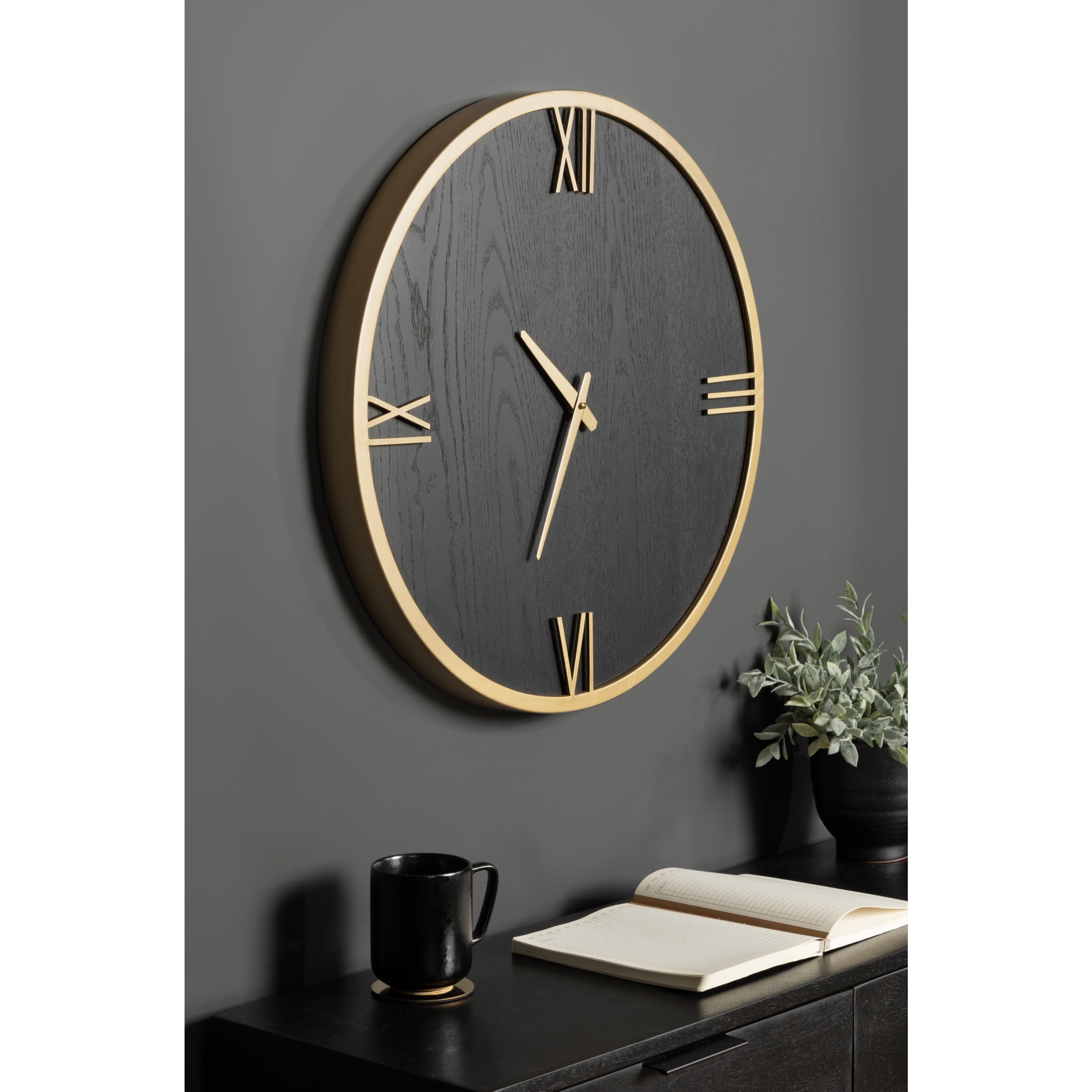 Kate and Laurel Pronte Modern Round Wood and Metal Wall Clock, 22 Inch Diameter, Black and Gold, Decorative Minimal Clock for Bedroom, Entryway, or Living Room Decor