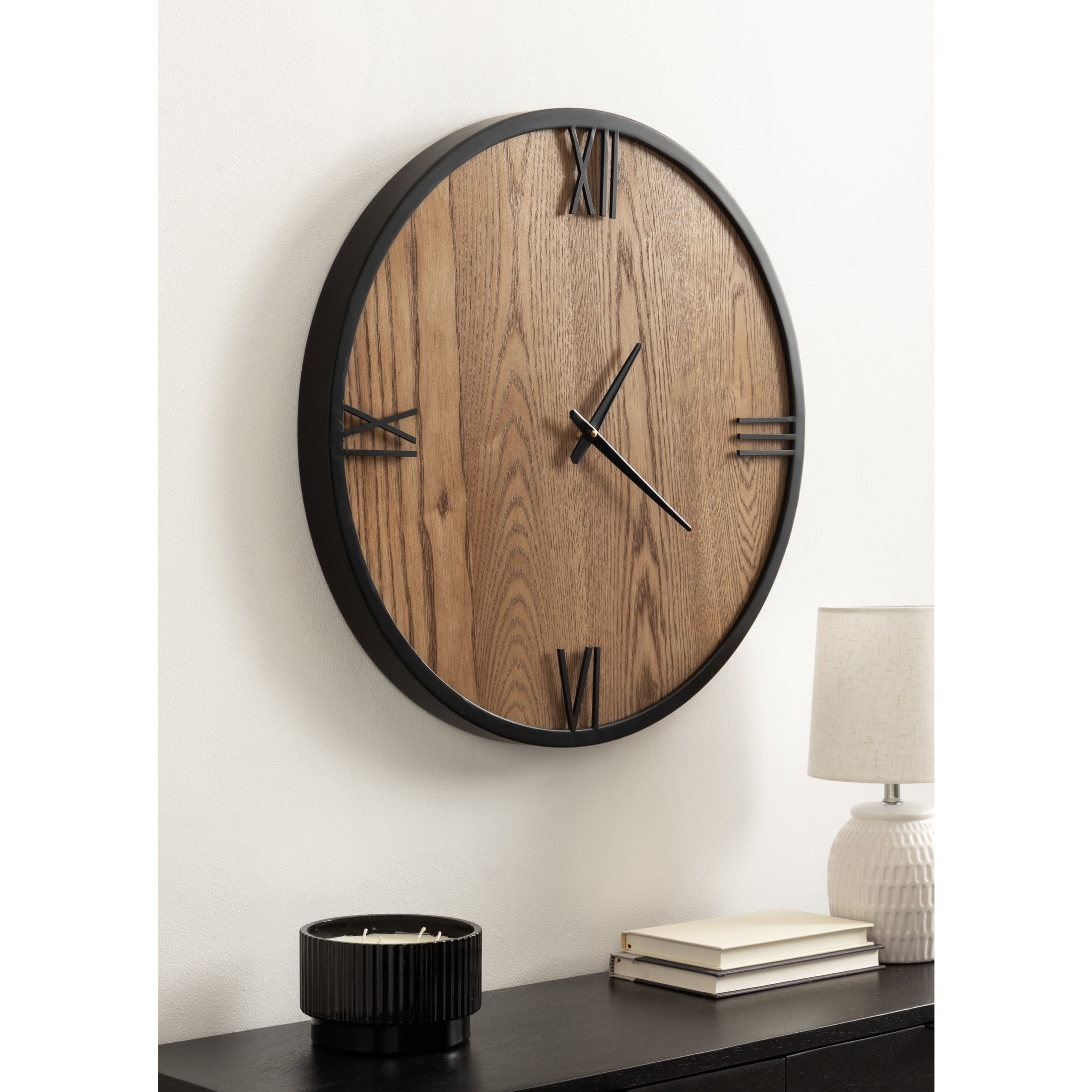Kate and Laurel Pronte Modern Round Wood and Metal Wall Clock, 22 Inch Diameter, Rustic Brown and Black, Decorative Minimal Clock for Bedroom, Entryway, or Living Room Decor