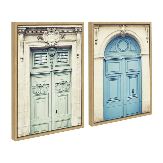 Kate and Laurel Sylvie Classic Parisian Door and Blue Paris Door Framed Canvas Wall Art Set by Caroline Mint, 2 piece 18x24 Natural, French Architecture Wall Art Set for Home Decor