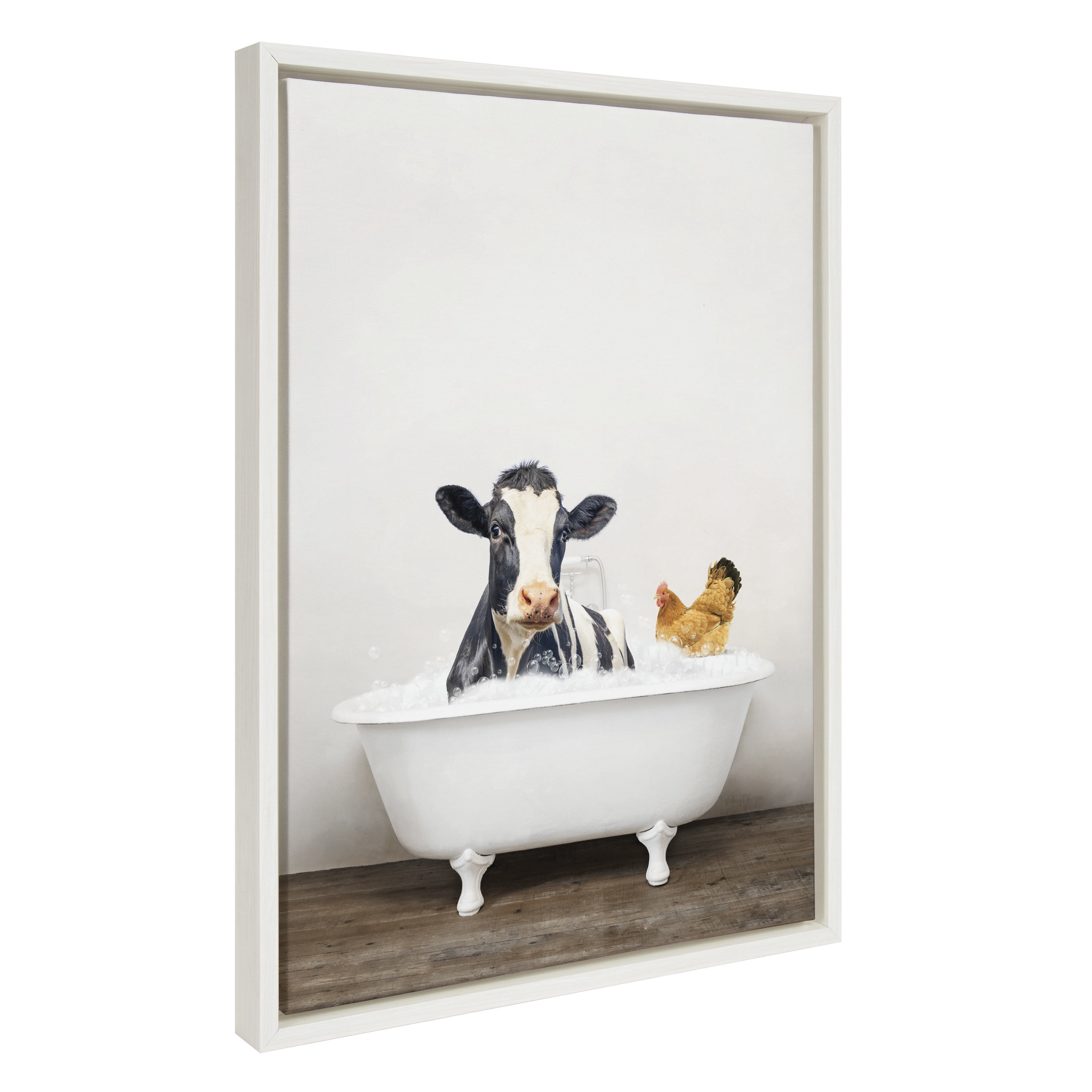 Kate and Laurel Sylvie Cow and Chicken in Rustic Bath Framed Canvas Wall Art by Amy Peterson Art Studio, 18x24 White, Modern Fun Decorative Bathtub Wall Art for Home Décor