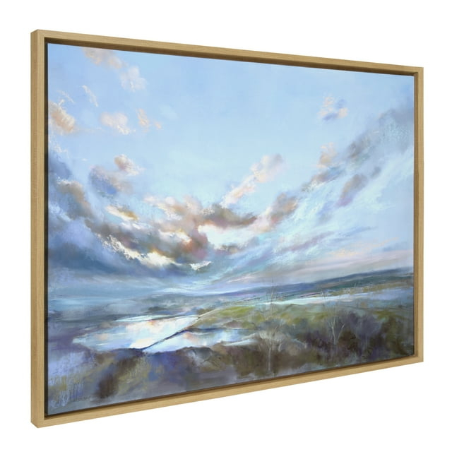 Kate and Laurel Sylvie Looking West Fairburn Ings Framed Canvas Wall Art by Nel Whatmore, 28x38 Natural, Blue Ocean Skies Landscape Painting Art for Wall Decor