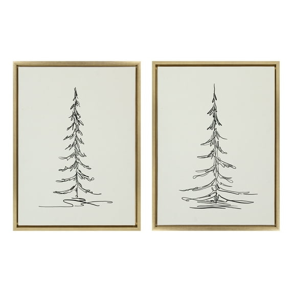 Kate and Laurel Sylvie Minimalist Evergreen Trees Sketch Framed Canvas Wall Art Set by The Creative Bunch Studio, 2 Piece 18x24 Bright Gold, Minimal Christmas Tree Sketch Art