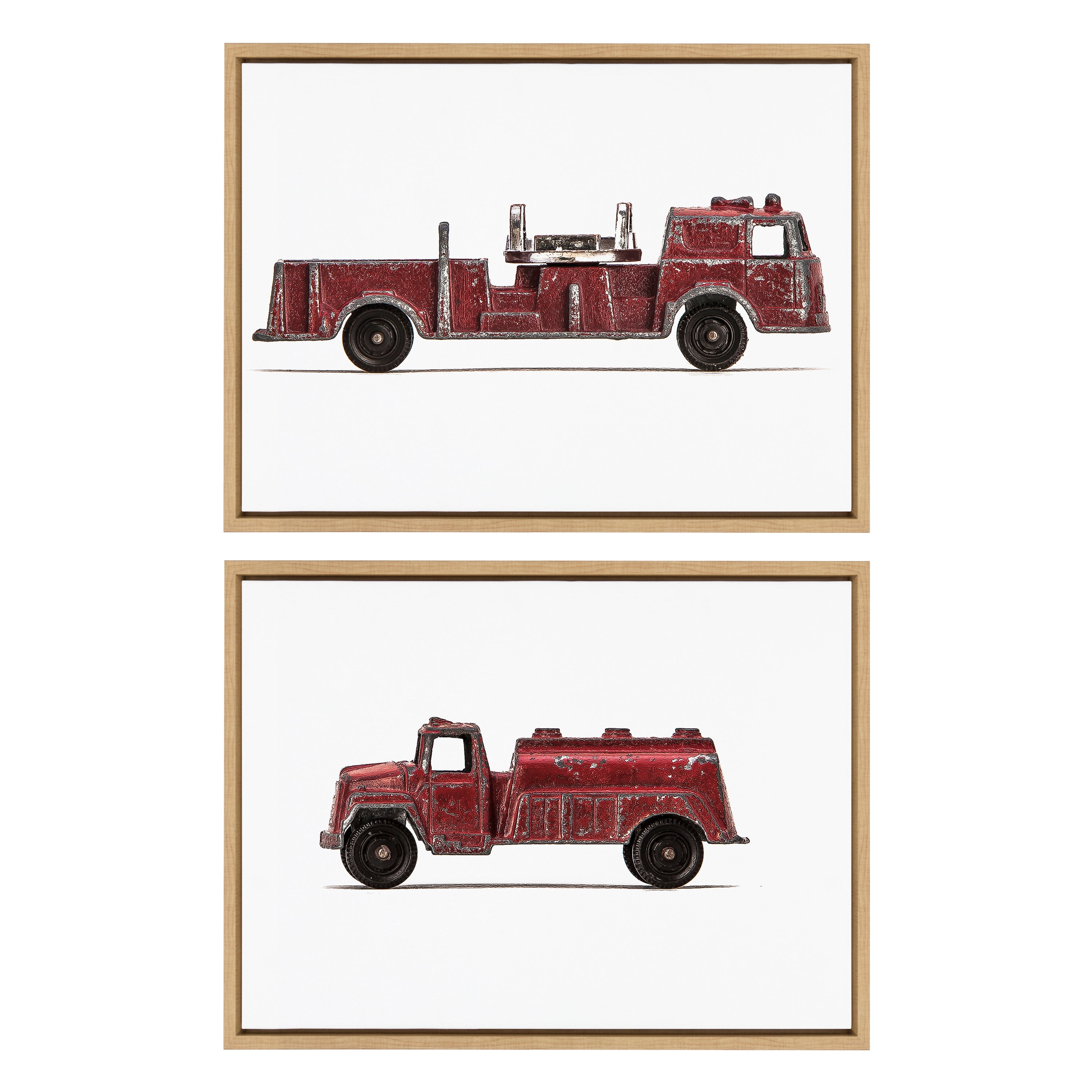 Kate and Laurel Sylvie Red Vintage Toy Fire Engine and Red Vintage Toy Water Truck Framed Canvas Wall Art Set by Saint and Sailor Studios, 2 Piece 18x24 Natural, Retro Kid Vehicle Art for Wall