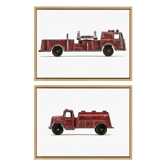 Kate and Laurel Sylvie Red Vintage Toy Fire Engine and Red Vintage Toy Water Truck Framed Canvas Wall Art Set by Saint and Sailor Studios, 2 Piece 18x24 Natural, Retro Kid Vehicle Art for Wall