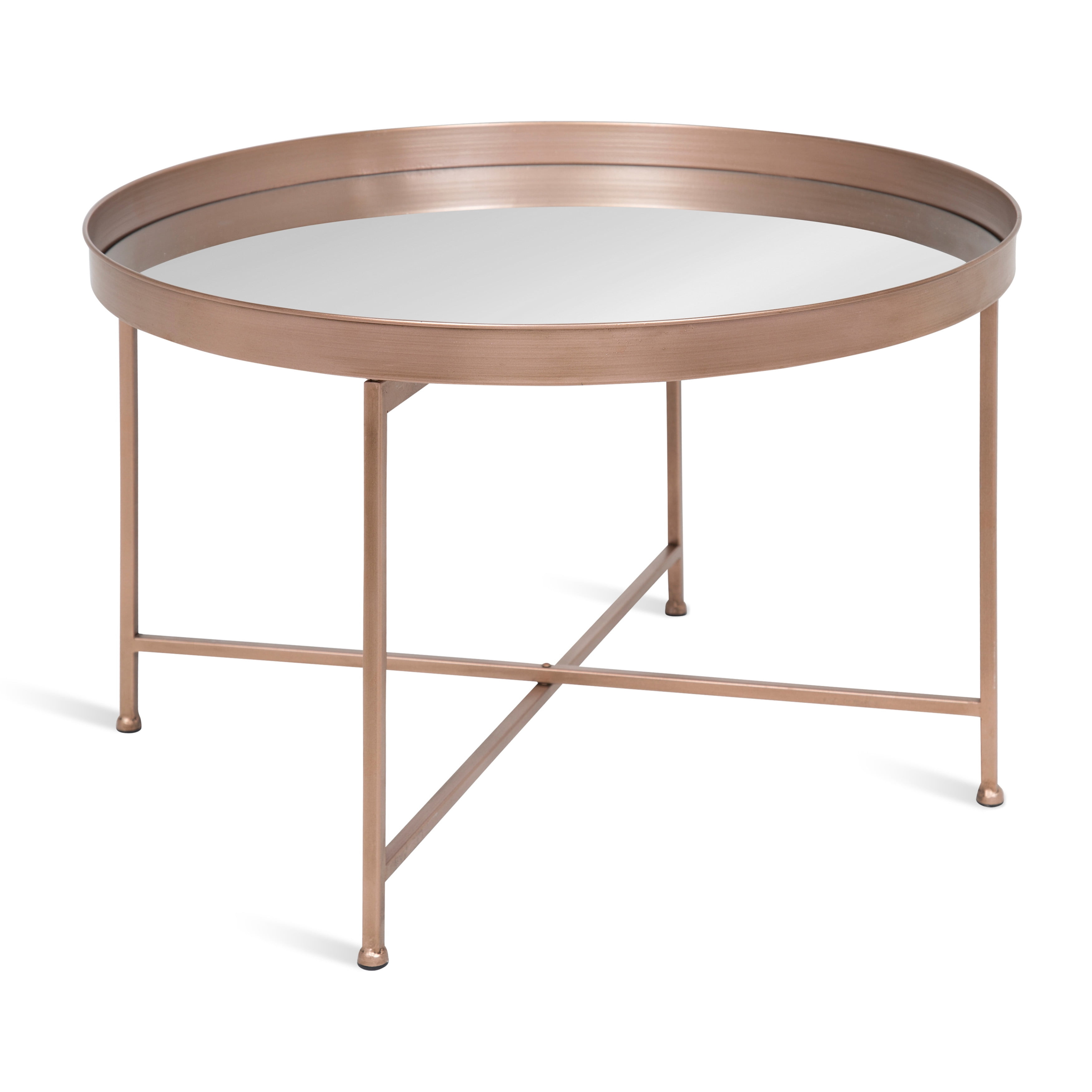 Kate and Laurel Celia Round Metal Foldable Coffee Table with Mirrored Tray Top, Rose Gold