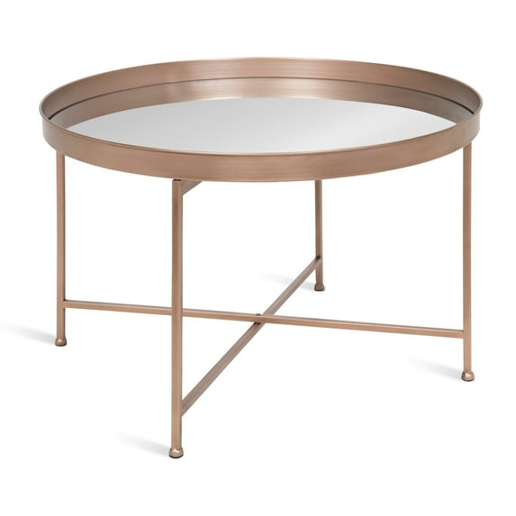Kate and Laurel Celia Round Metal Foldable Coffee Table with Mirrored Tray Top, Rose Gold
