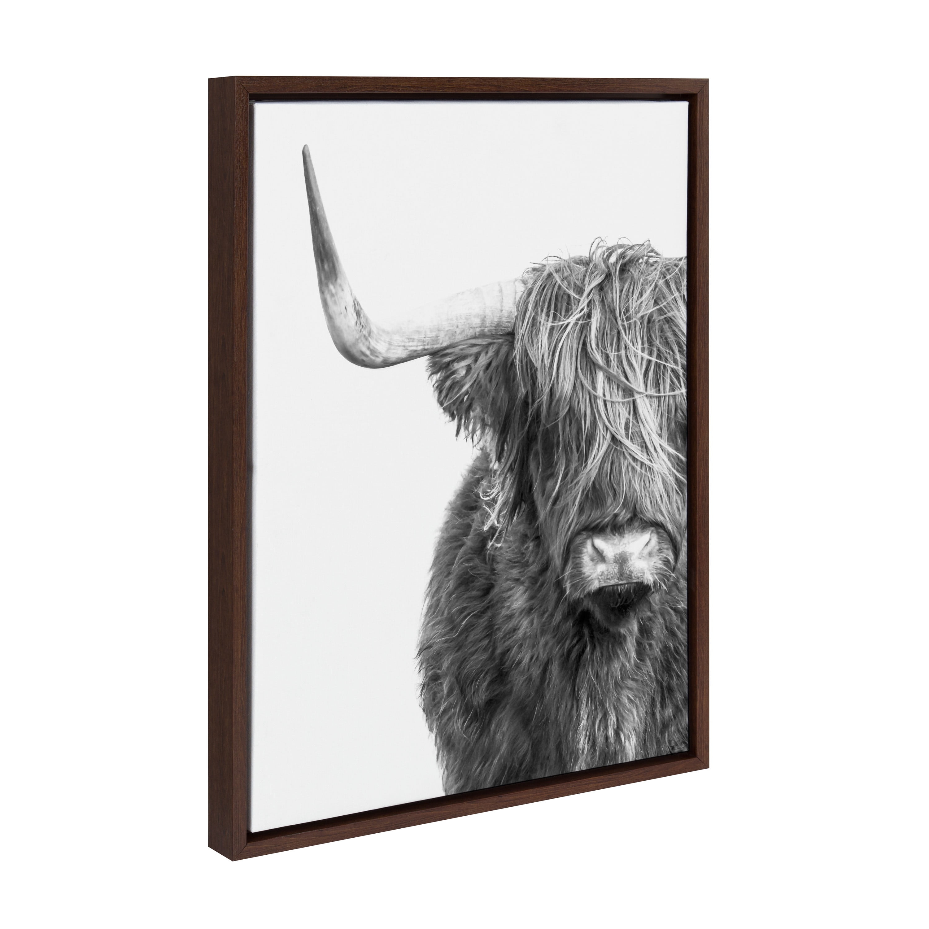 Kate and Laurel Sylvie B&W Highland Cow No. 1 Framed Canvas Wall Art by Amy Peterson Art Studio, 18x24 Brown, Black and White Animal Portrait Art