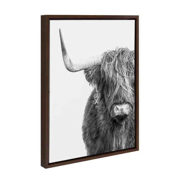 Kate and Laurel Sylvie B&W Highland Cow No. 1 Framed Canvas Wall Art by Amy Peterson Art Studio, 18x24 Brown, Black and White Animal Portrait Art