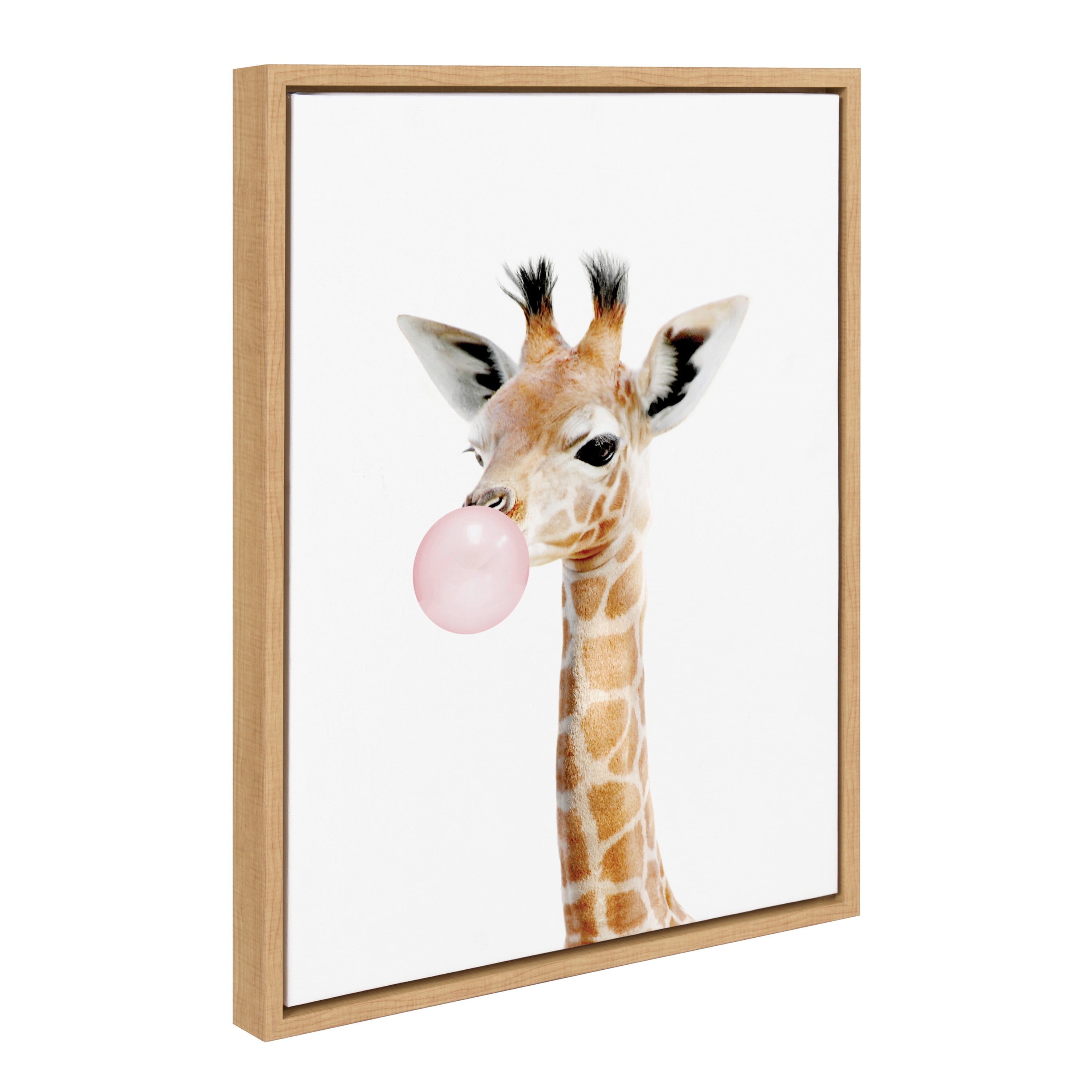 Kate and Laurel Sylvie Bubble Gum Giraffe Framed Canvas Wall Art by Amy Peterson Art Studio, 18x24 Natural, Cute Whimsical Animal Art for Wall