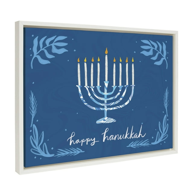 Kate and Laurel Sylvie Happy Hanukkah Framed Canvas Wall Art by Jessi Raulet of Ettavee, 18x24 White, Jewish Hanukkah Illustration Art for Wall