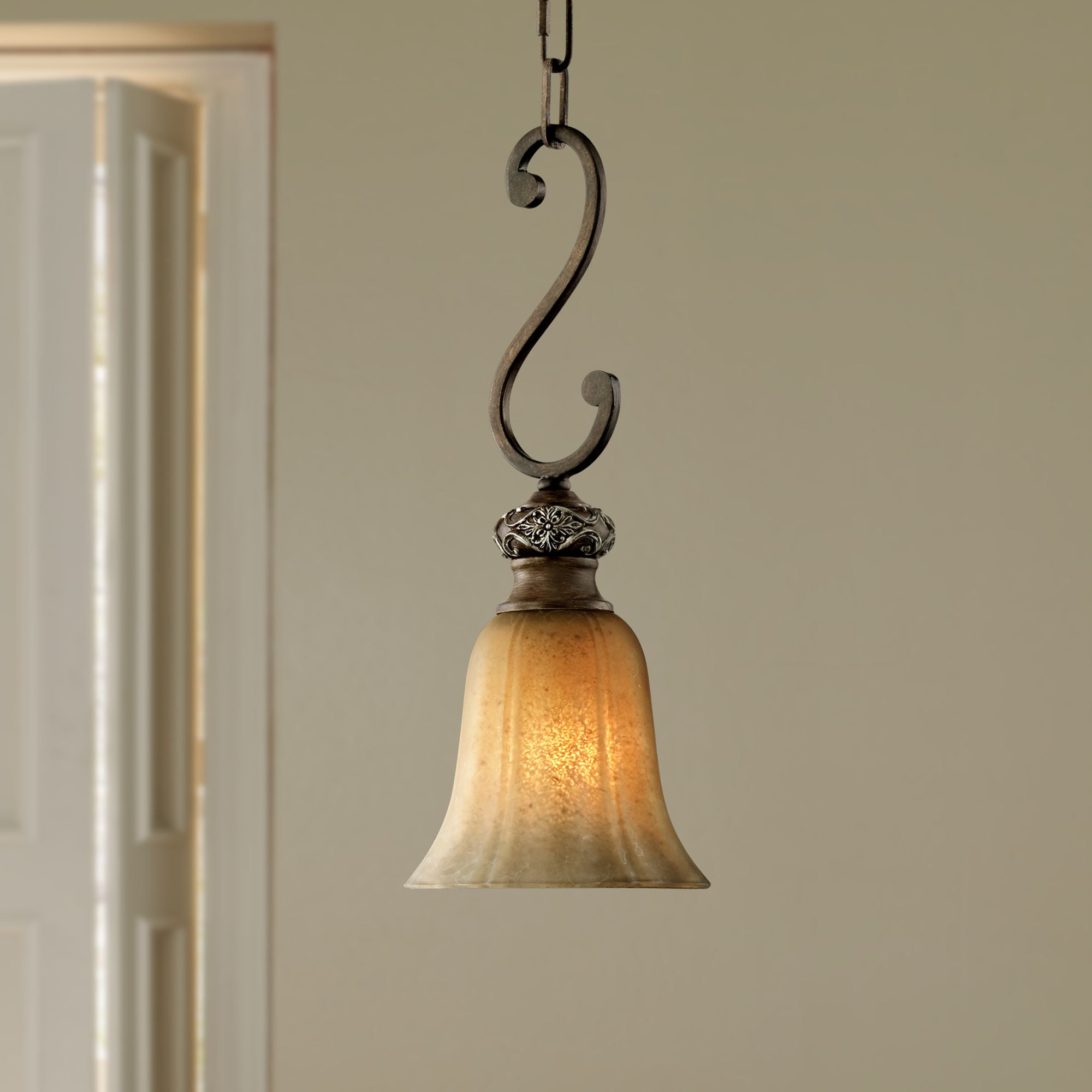 Kathy Ireland Sterling Estate Golden Bronze Mini Pendant Light 7" Wide Rustic Champagne Glass Shade for Dining Room House Foyer Kitchen Island Bedroom