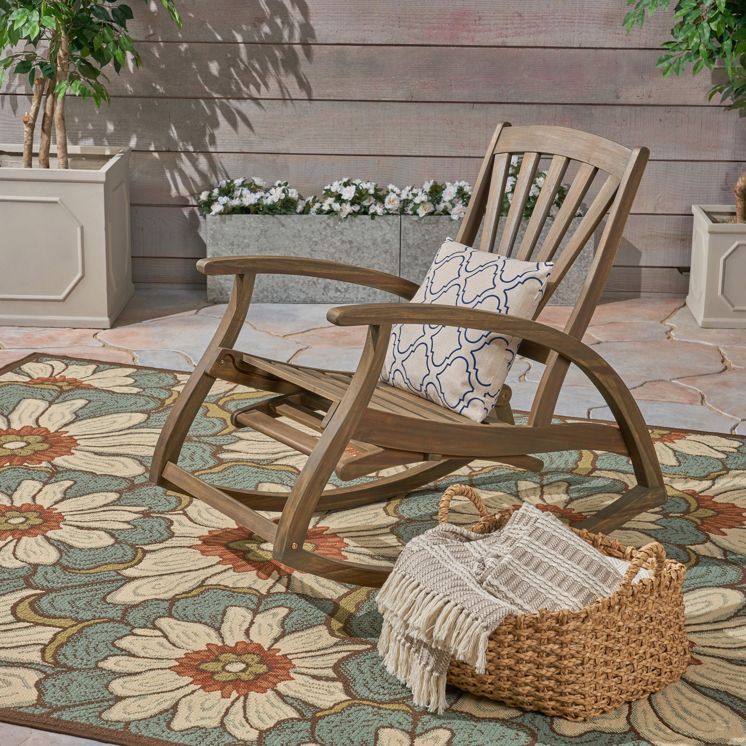 Noble House Sunview Outdoor Acacia Wood Rocking Chair with Footrest Gray