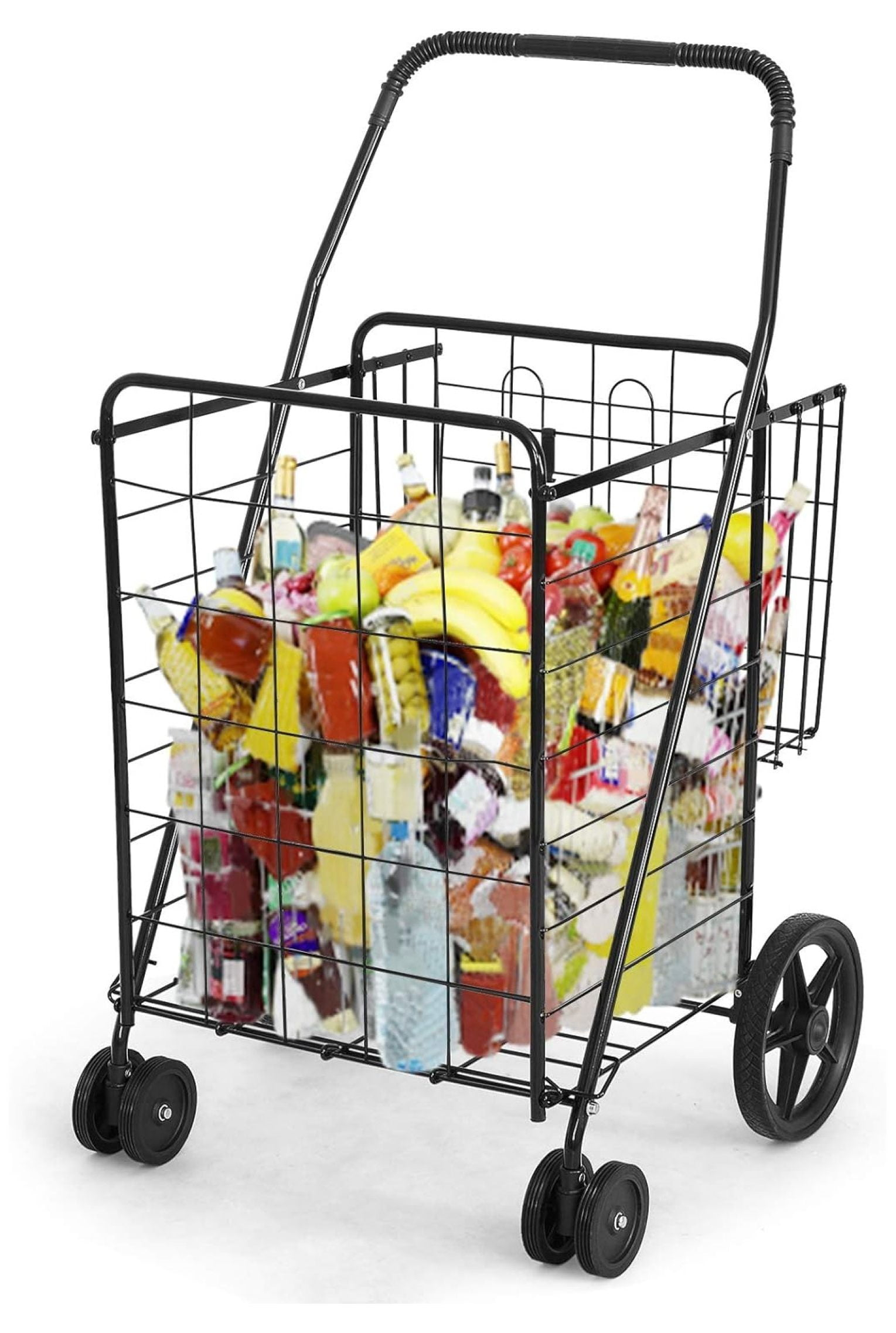 Exlonjet Folding Shopping Grocery Cart Metal Rolling Cart with Double Basket Non-Slip Handle and Swivel Wheels, Light Weight Utility Cart for Laundry Book Luggage Travel