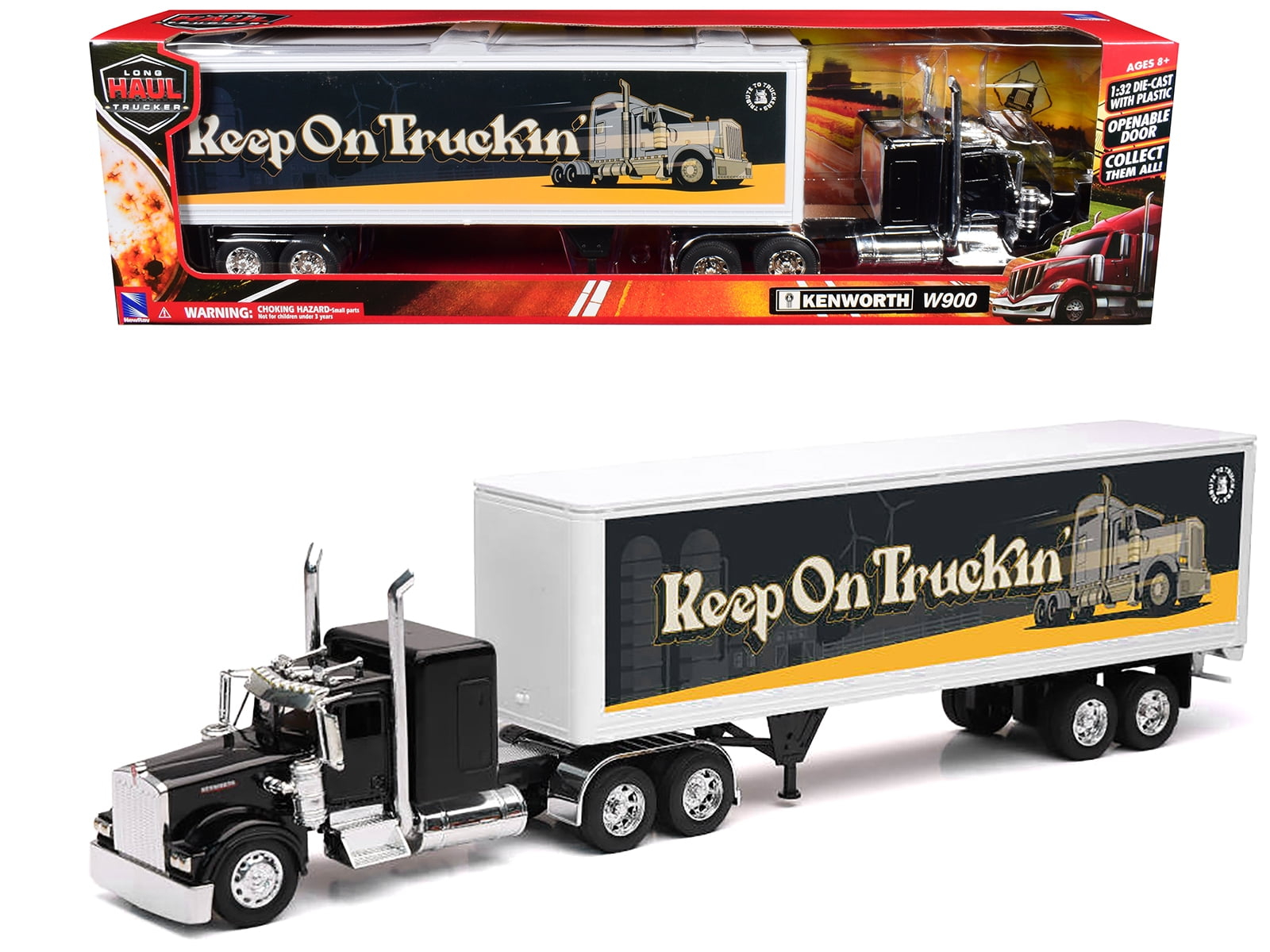 Kenworth W900 Truck Black with Dry Van Trailer "Tribute To Truckers Keep on Truckin'" 1/32 Diecast Model by New Ray
