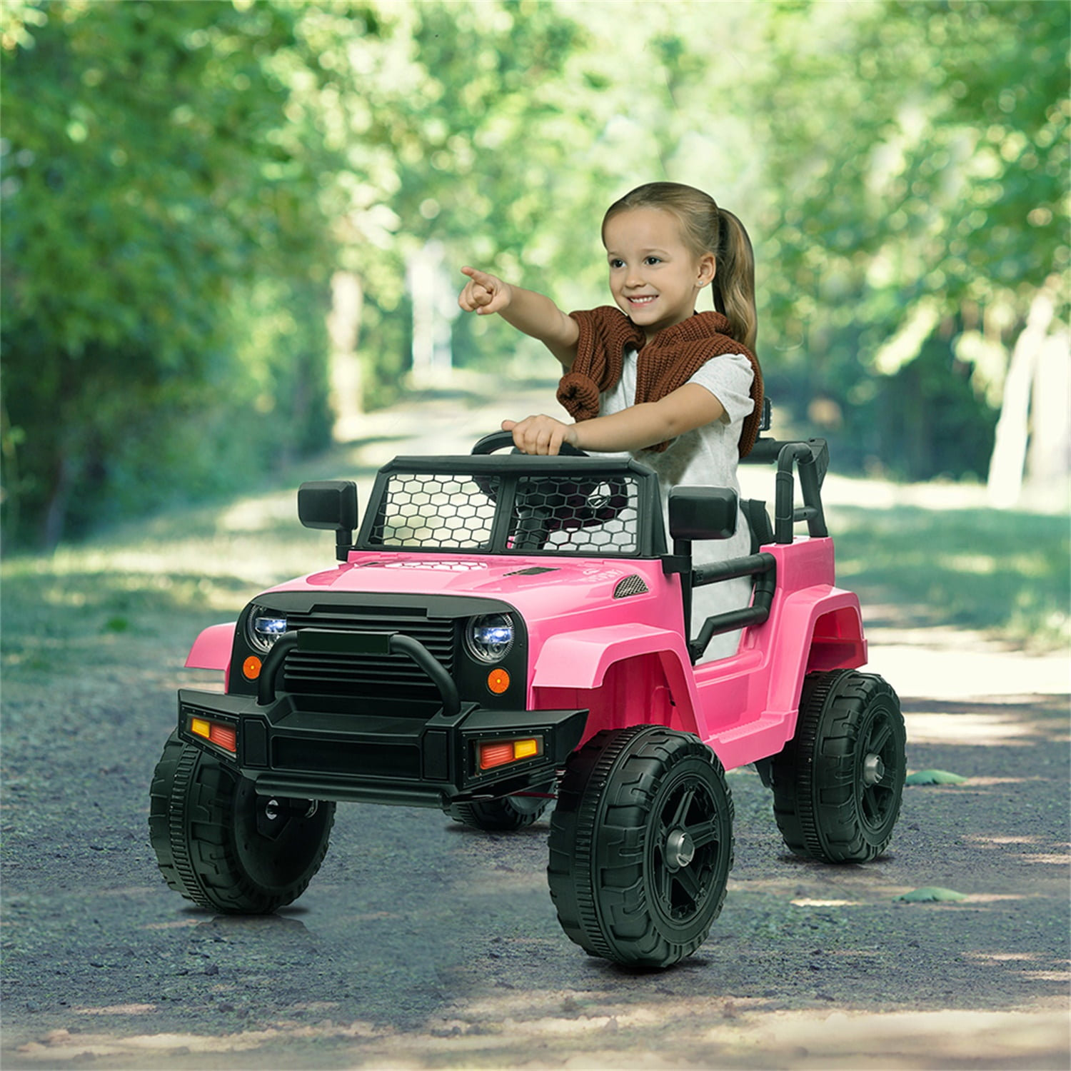 OLAKIDS Kids Ride On Truck, 12V Electric Vehicle Jeep Car with Remote Control, Toddlers Battery Powered Toy with 2 Speeds, Spring Suspension, Double Open Doors, LED Lights, Music, USB, Mp3 (Pink)