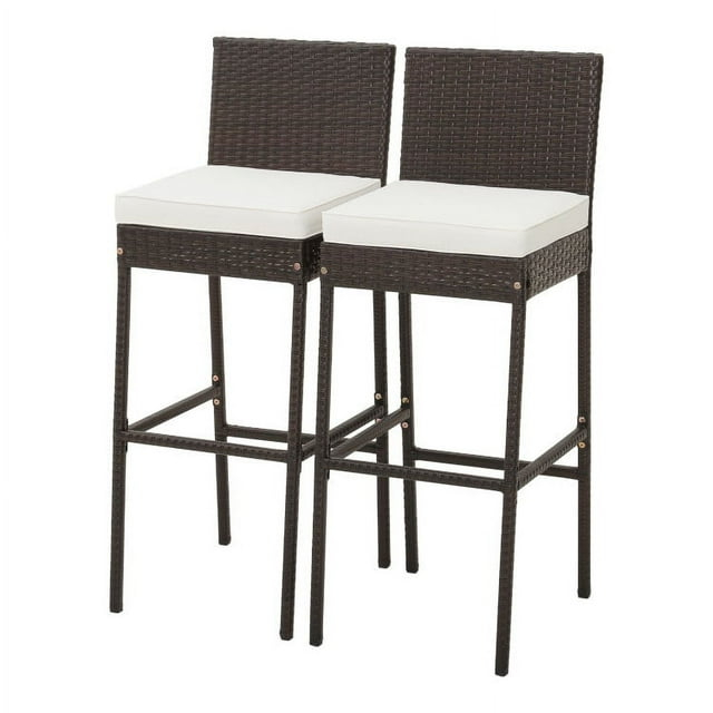 Kepooman Outdoor Bar Stool, 2 Pieces Patio Cushioned Wicker Barstools with Cozy Footrest-Set of 2