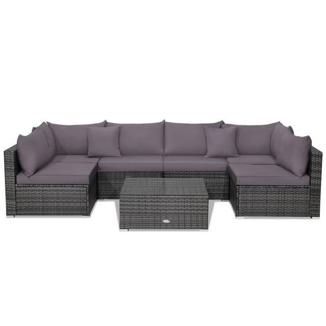 Costway 7PCS Patio Rattan Furniture Set Sectional Sofa Cushioned Garden Gray