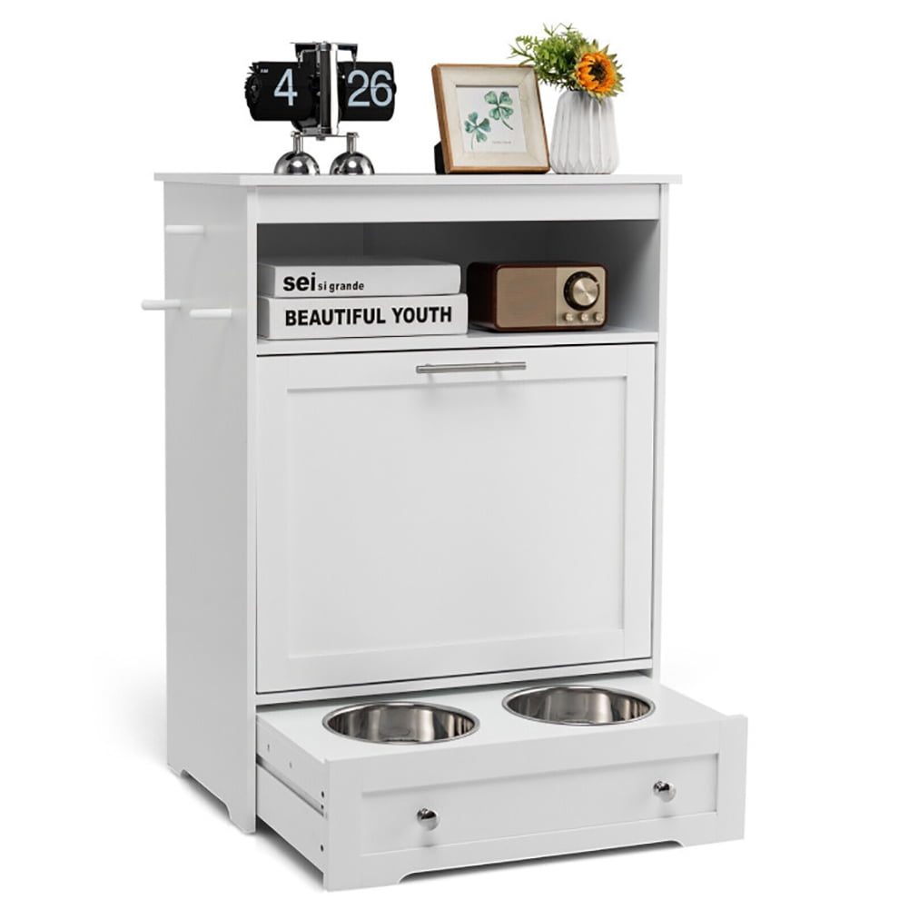 Kepooman Pet Feeder Station with Stainless Steel Bowl-White