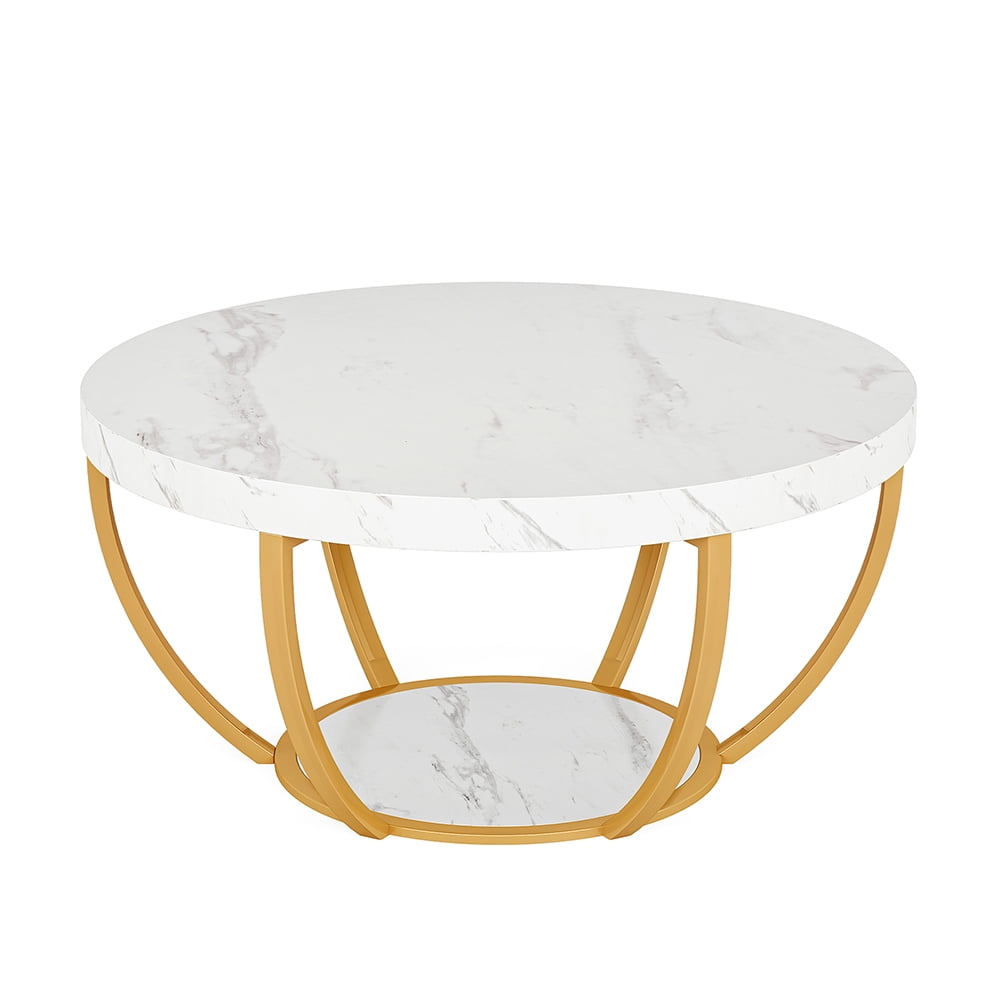 Kepooman Wooden Coffee Table, 2-Tier Round Central Cocktail Table with Shelves,White