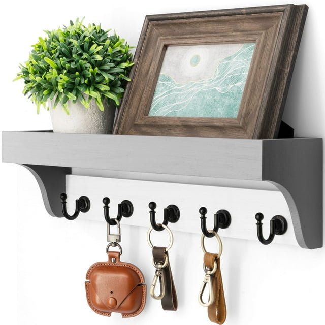 Rebee Vision Key Holder Wall Mount with Shelf - Key and Mail Organizer with 5 Hooks and Shelf (Gray&White, 14-inch)