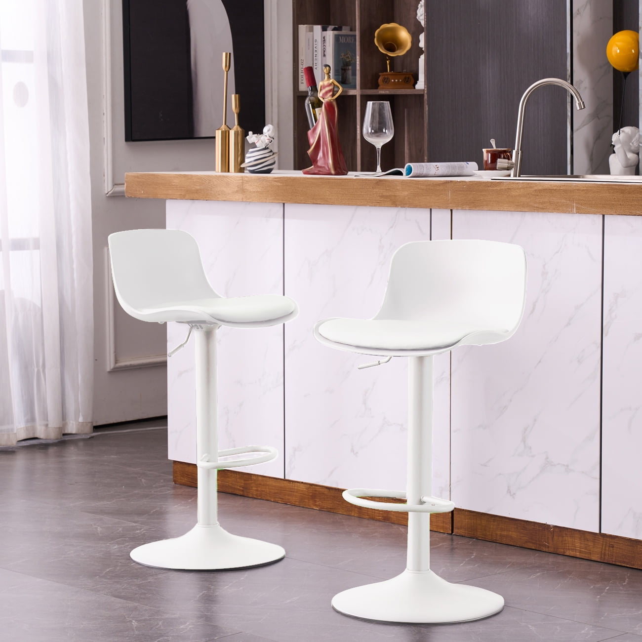 Height Adjustable Swivel PP Bar Stool with PU Padded Seat, White, Set of 2