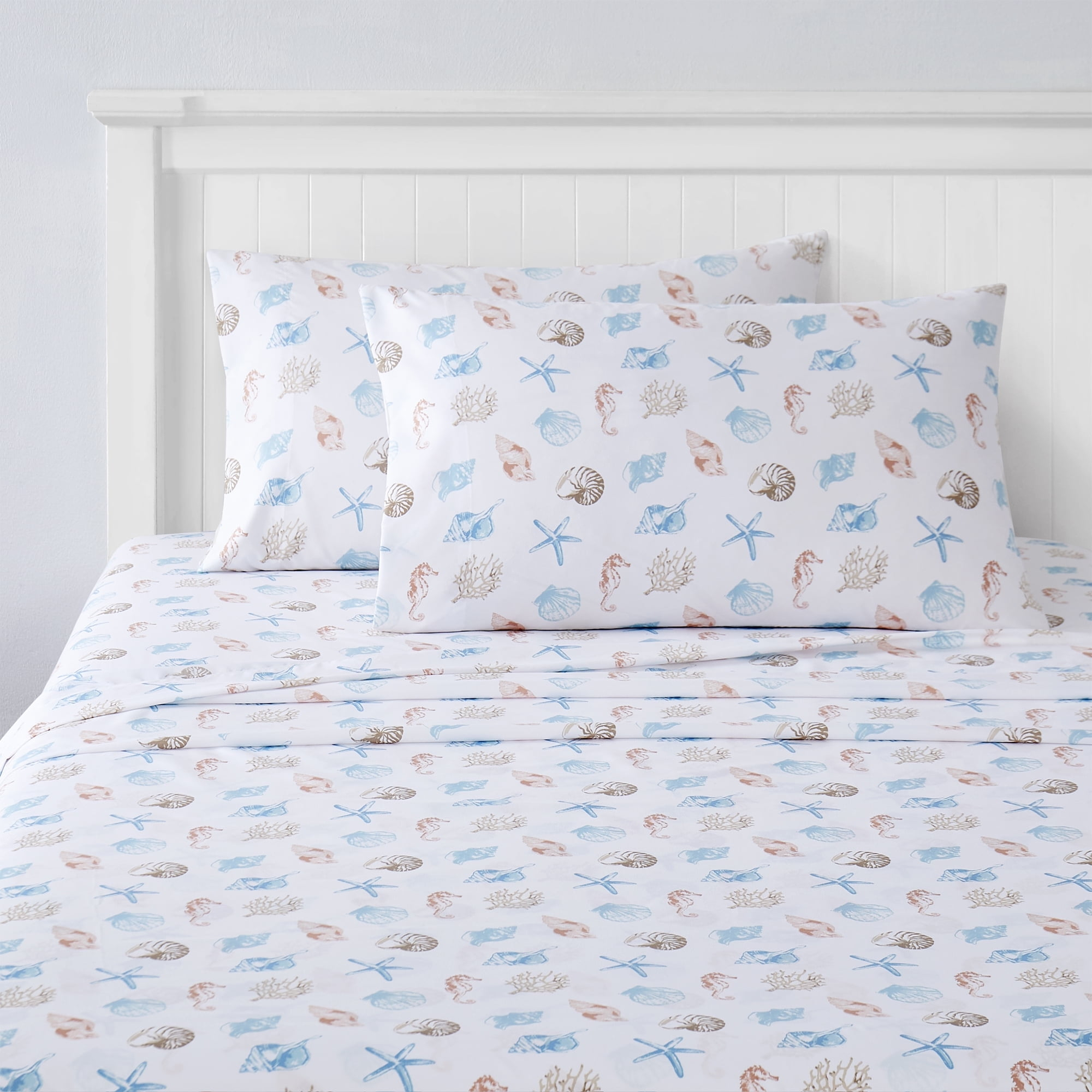 Kids Fun & Bright Printed Microfiber Sheet Sets, Ultra Soft Fitted Sheets with Straps - Seashells, Full Size
