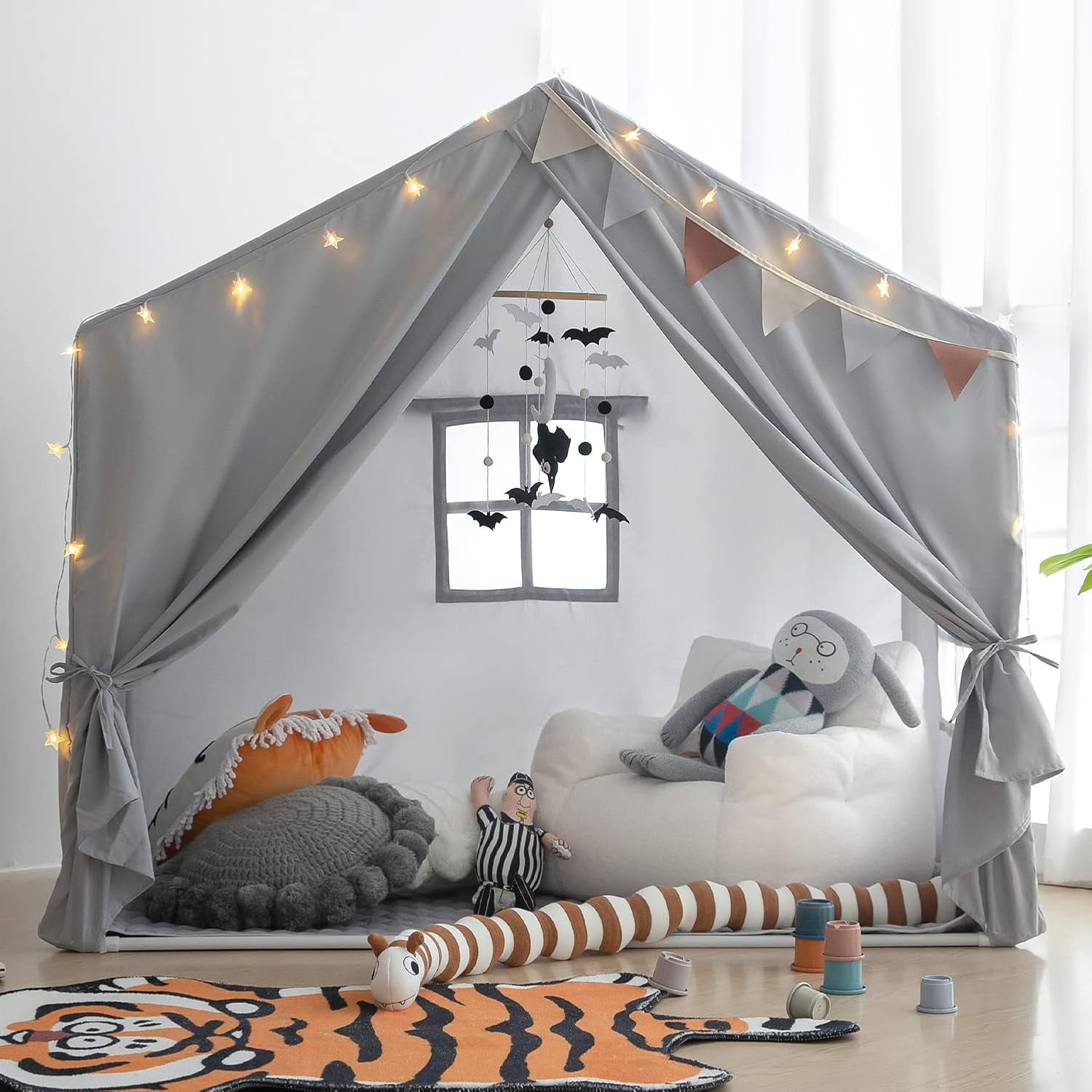 Kids Play Tent with Mat, Large Indoor Playhouse Tent, Kids Play House Tent Castle for Boys and Girls, Play Cottage (Grey)
