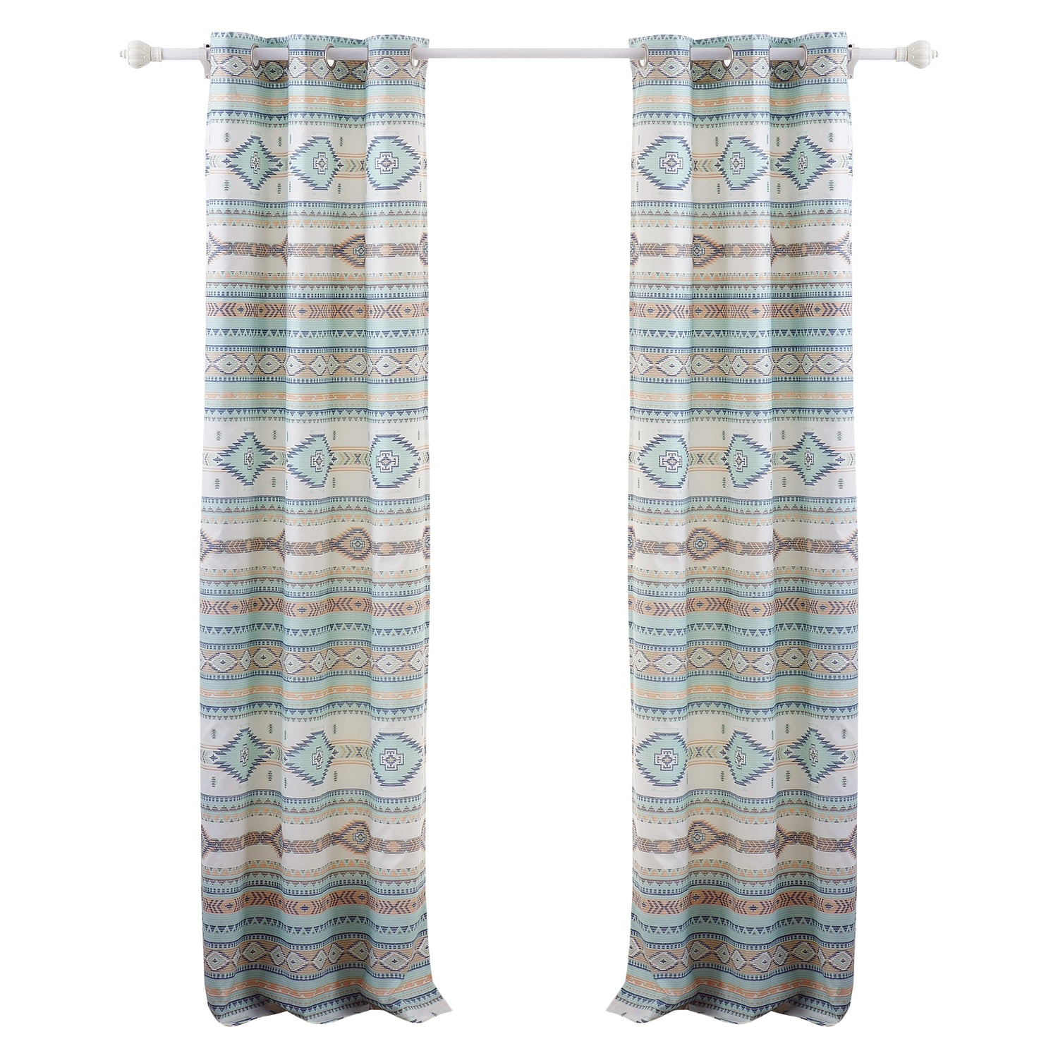 Benjara Kiev 84 Inch Window Curtains, Microfiber Blue Southwest Design, Grommets