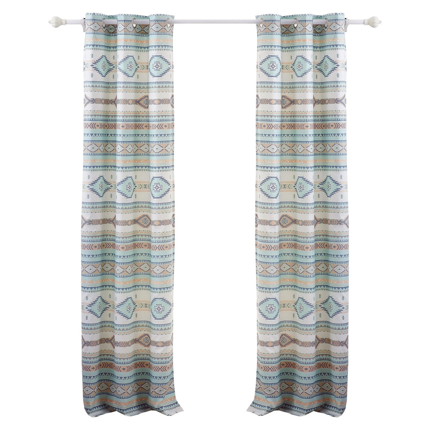 Benjara Kiev 84 Inch Window Curtains, Microfiber Blue Southwest Design, Grommets