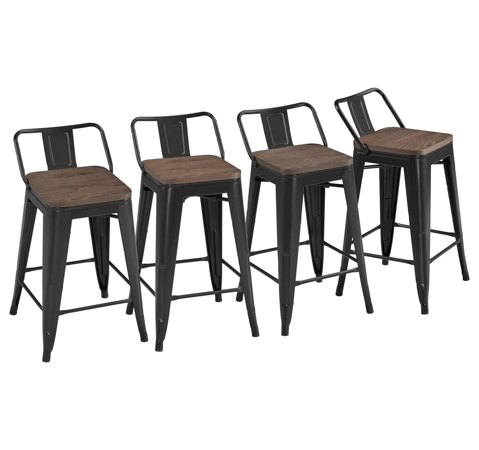 Killeryuki 24'' Metal Bar Stool 4PCS Low Back Conuter Stools for Indoor/Outdoor Barstools Metal Black Stools Bar Chairs w/Wooden Seat Metal Leg Industrial Counter Height Stools Black