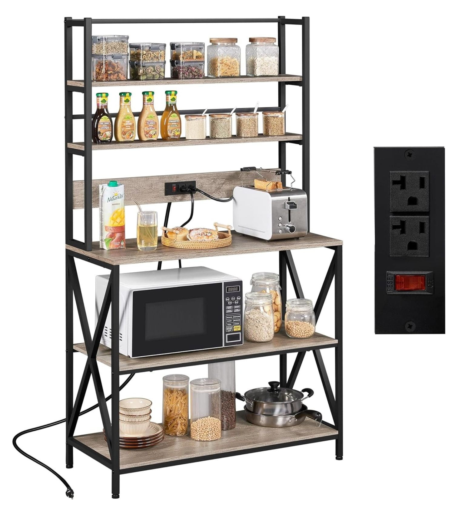 Killeryuki Bakers Rack with Power Outlet, Microwave Stand Utility Storage Shelf with Metal Frame, 5-Tier Kitchen Rack Coffee Bar with Adjustable Feet, 35.5 x 16 x 64.5, Gray
