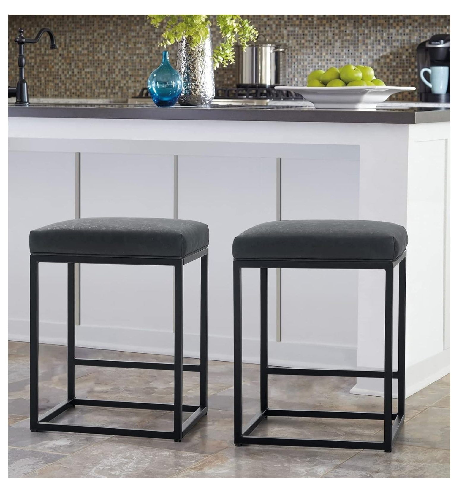 Lorelia Set of 2 Black 24 Inch Backless Counter Bar Stools Faux Leather Seat for Kitchen