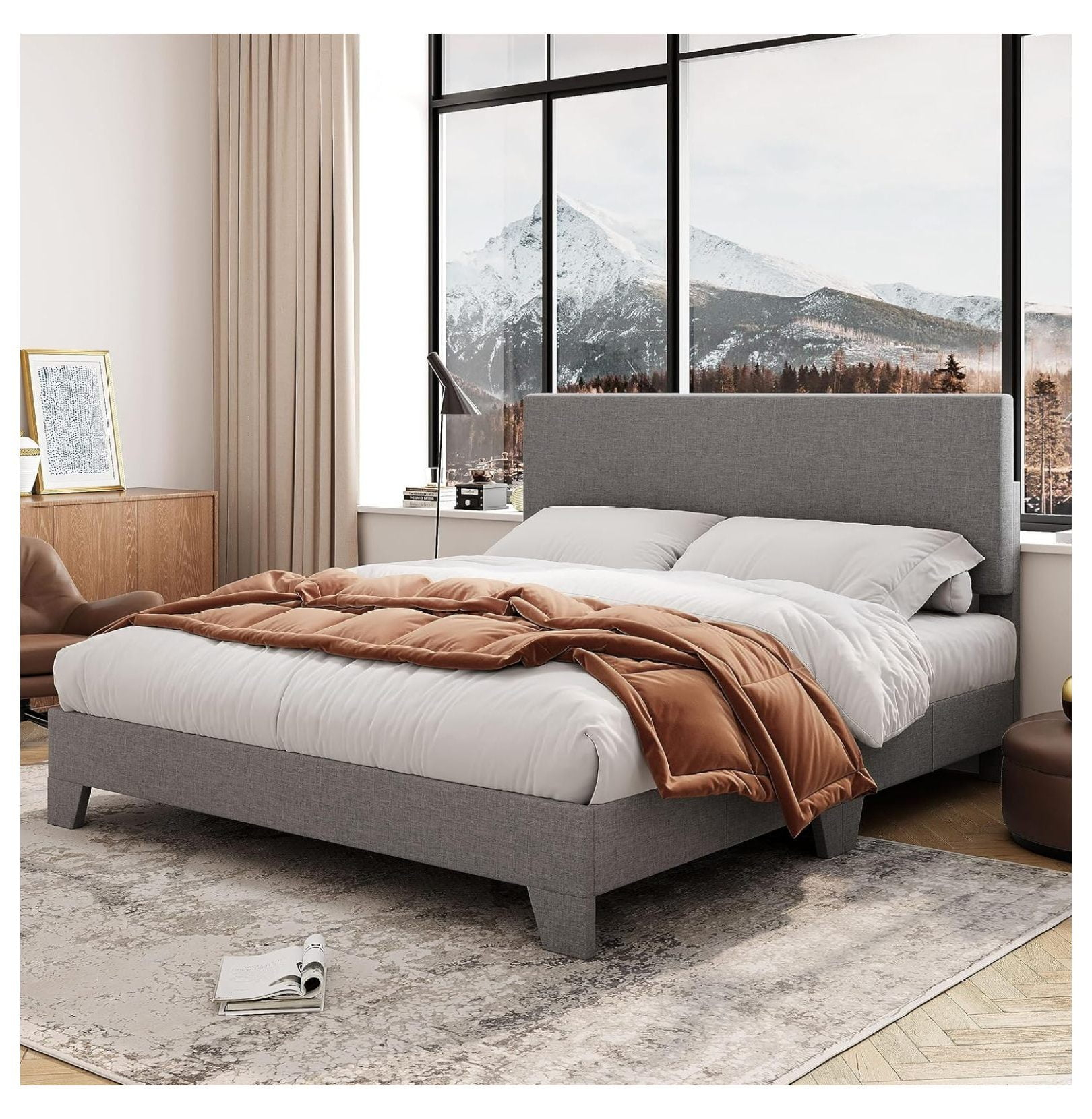 Killeryuki Queen Bed Frame with Adjustable Headboard, Upholstered Platform Bed with Wood Slats, Heavy Duty Mattress Foundation, No Box Spring Needed, Noise-Killeryuki, Easy Assembly, Dark Grey