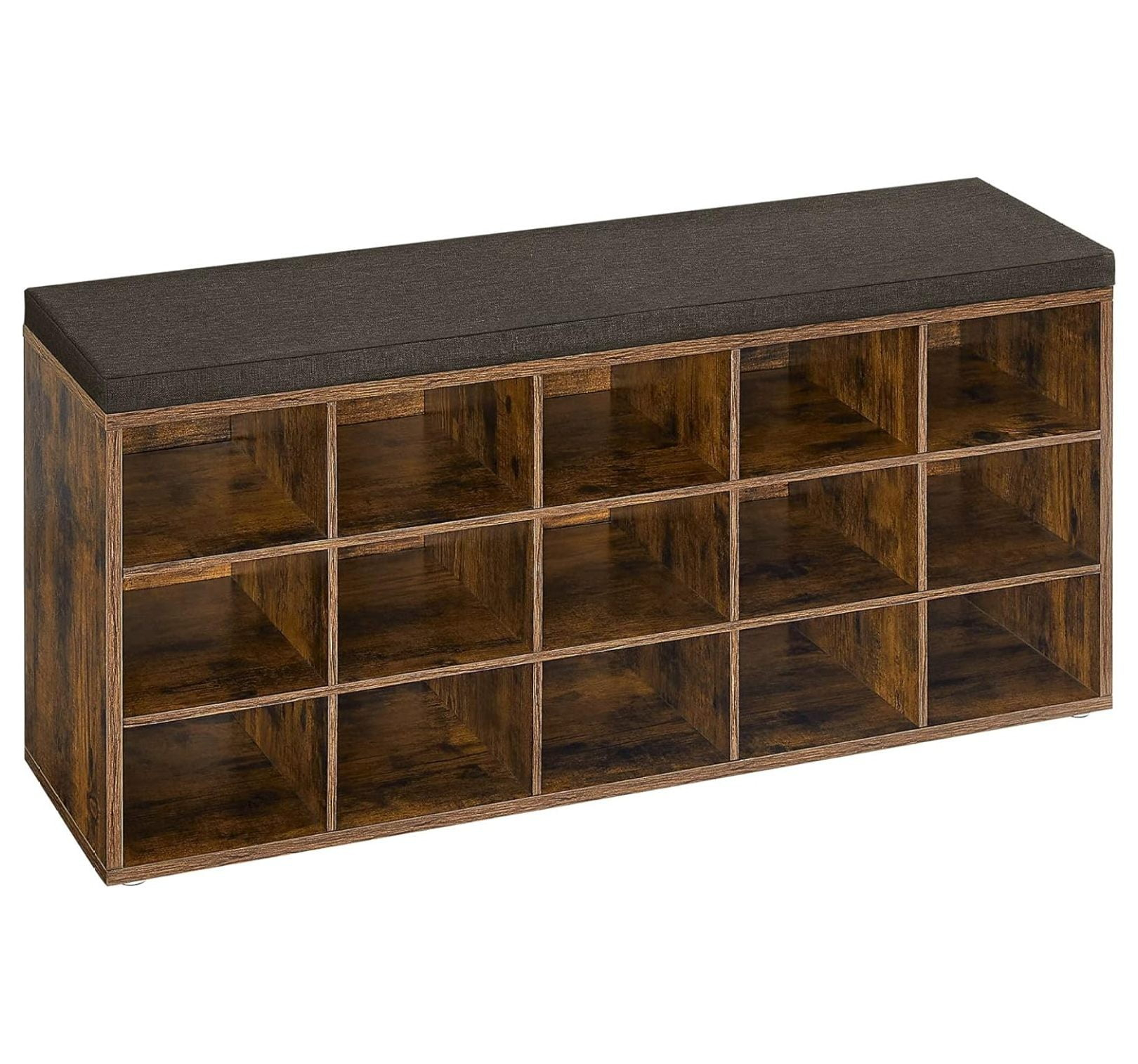 Killeryuki Shoe Bench with Cushion, Storage Bench with Padded Seat, Entryway Bench with 15 Compartments, for Bedroom, 11.8 x 41.3 x 18.9 Inches, Rustic Brown and Chestnut Brown ULHS15BX
