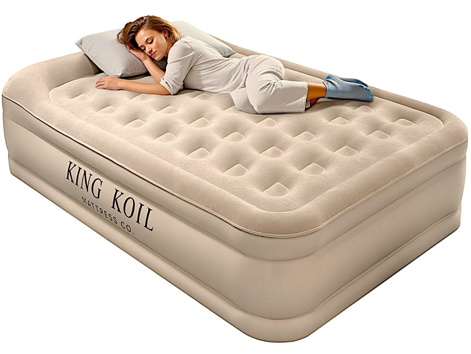 King Koil Luxury Air Mattress 16in Full Size Beige with Built-in Pump for Home, Camping & Guests-Inflatable Airbed Luxury Double High Adjustable Blow Up Mattress, Durable - Portable and Waterproof