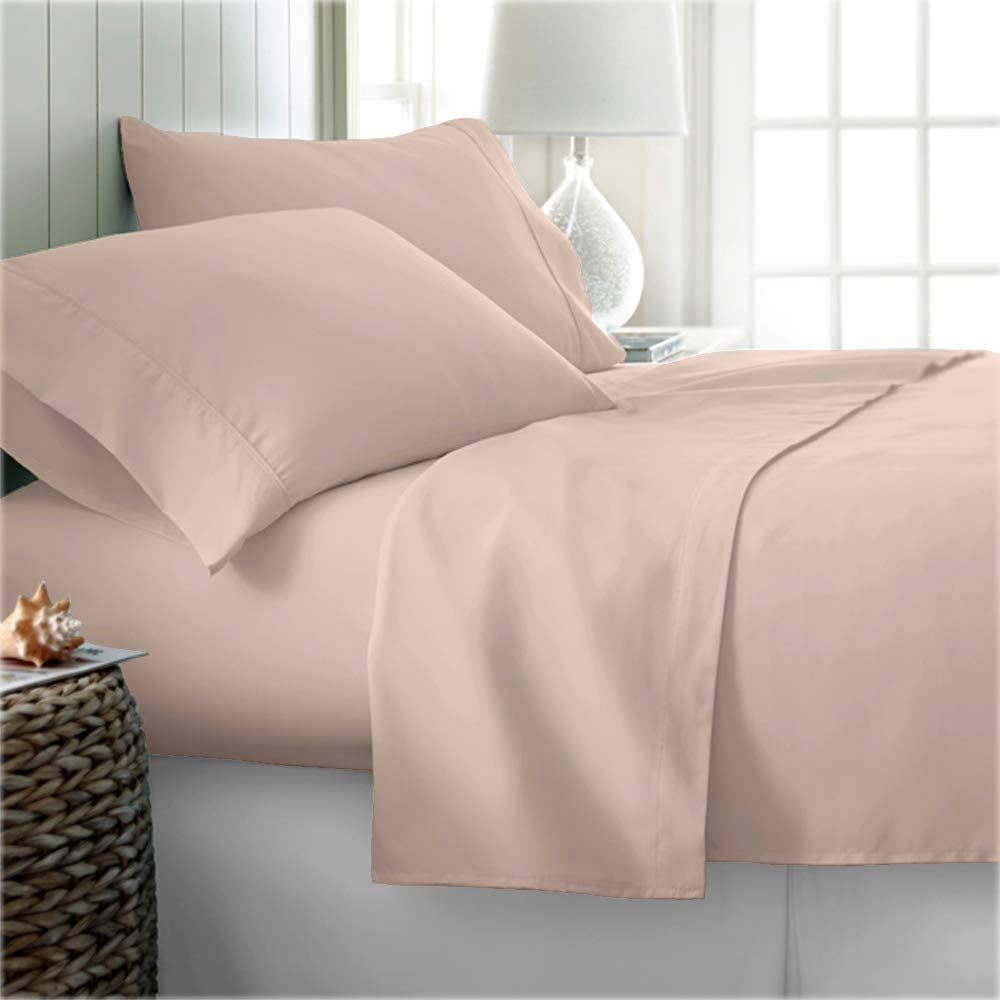 Noble Linens 4 Piece Solid Microfiber Bed Sheet Set, Blush, King