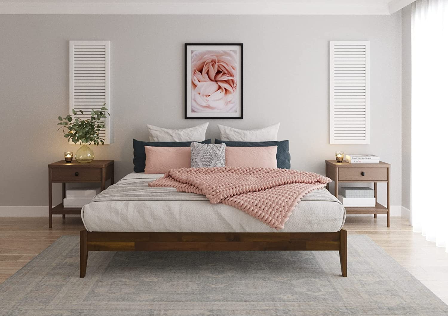 King Size | Dinkee 78x82x15in Signature Bed Frame Without Headboard, Multiple Style, Acacia Wood, Dark Chocolate