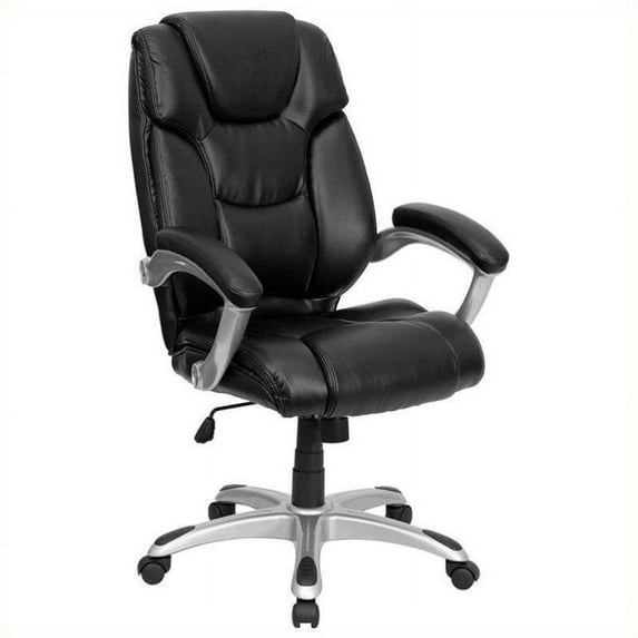 BizChair High Back Black LeatherSoft Layered Upholstered Executive Swivel Ergonomic Office Chair with Silver Nylon Base and Arms