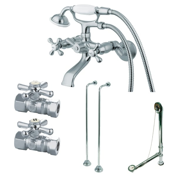 Kingston Brass Vintage Two-Handle 2-Hole Tub Wall Mount Clawfoot Tub Faucet Package with Supply Line, Hand Shower and Tub Drain